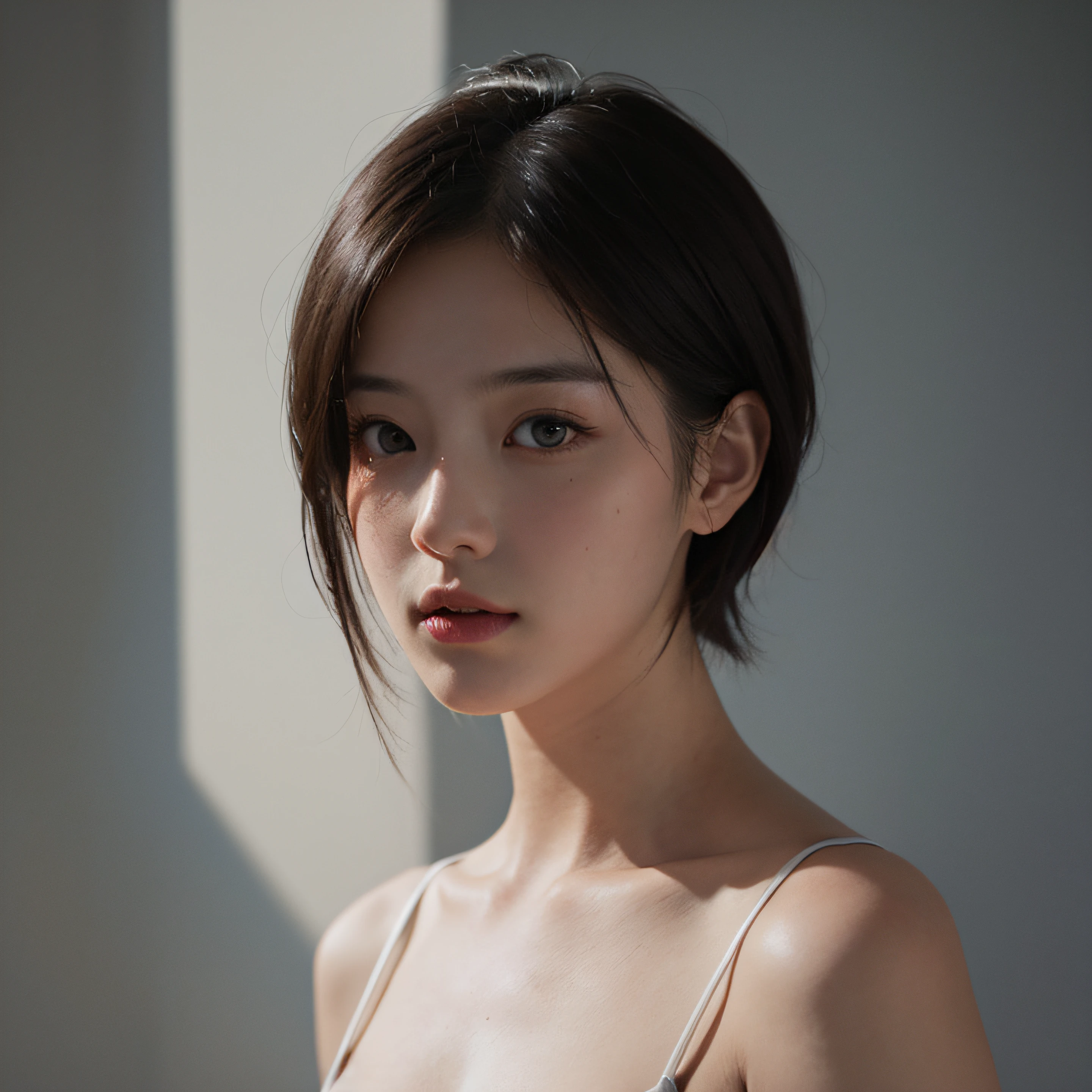 Best Quality, Masterpiece, Ultra High Resolution, (Realistic:1.5), Original Photo, 1 Girl, Shoulder, In the Dark, Deep Shadow, Understated, Cold Light, Sexy Look, Short Hair, Chinese Elements --auto