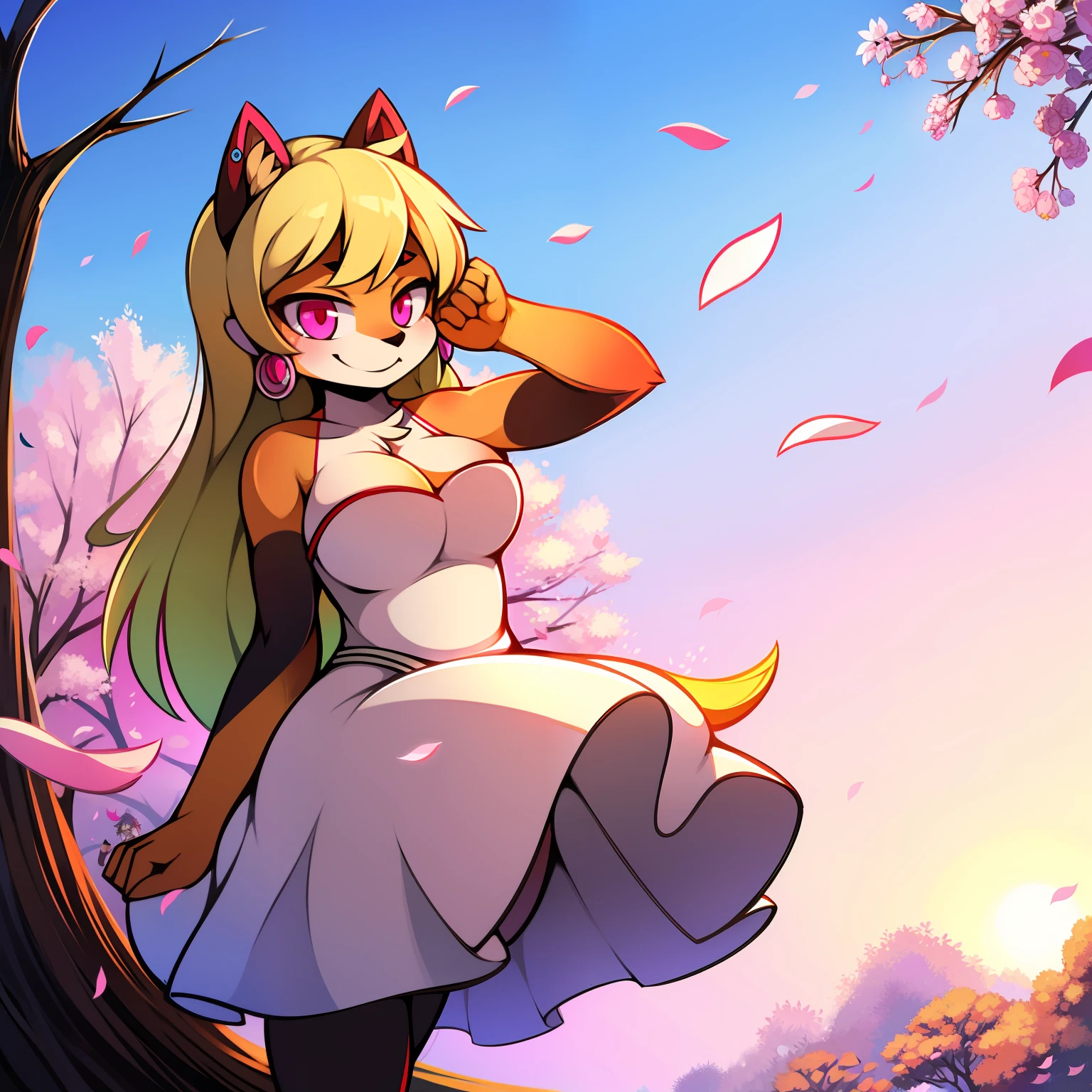 cherry_blossoms, falling_petals, petals, branch, pink_flower, 1girl, blue_sky, spring_\(season\), petals_on_liquid, flower, hanami, dress, Long blond curly hair, solo, day, sky, short_hair, outdoors, cloud, bangs, smile, pink_eyes, white_dress, bare_shoulders, earrings, breasts, holding_flower, wind, tree, looking_at_viewer,cowboy shot,