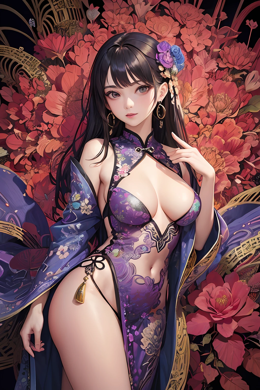 (masterpiece, top quality, best quality, official art, beautiful and aesthetic:1.2), (1girl:1.3), extremely detailed,(fractal art:1.1),(colorful:1.1)(flowers:1.3),highest detailed,(zentangle:1.2), (dynamic pose), (abstract background:1.3), (chinese Traditional cloth:1.2), (shiny skin), (many colors:1.4), ,(earrings:1.4),