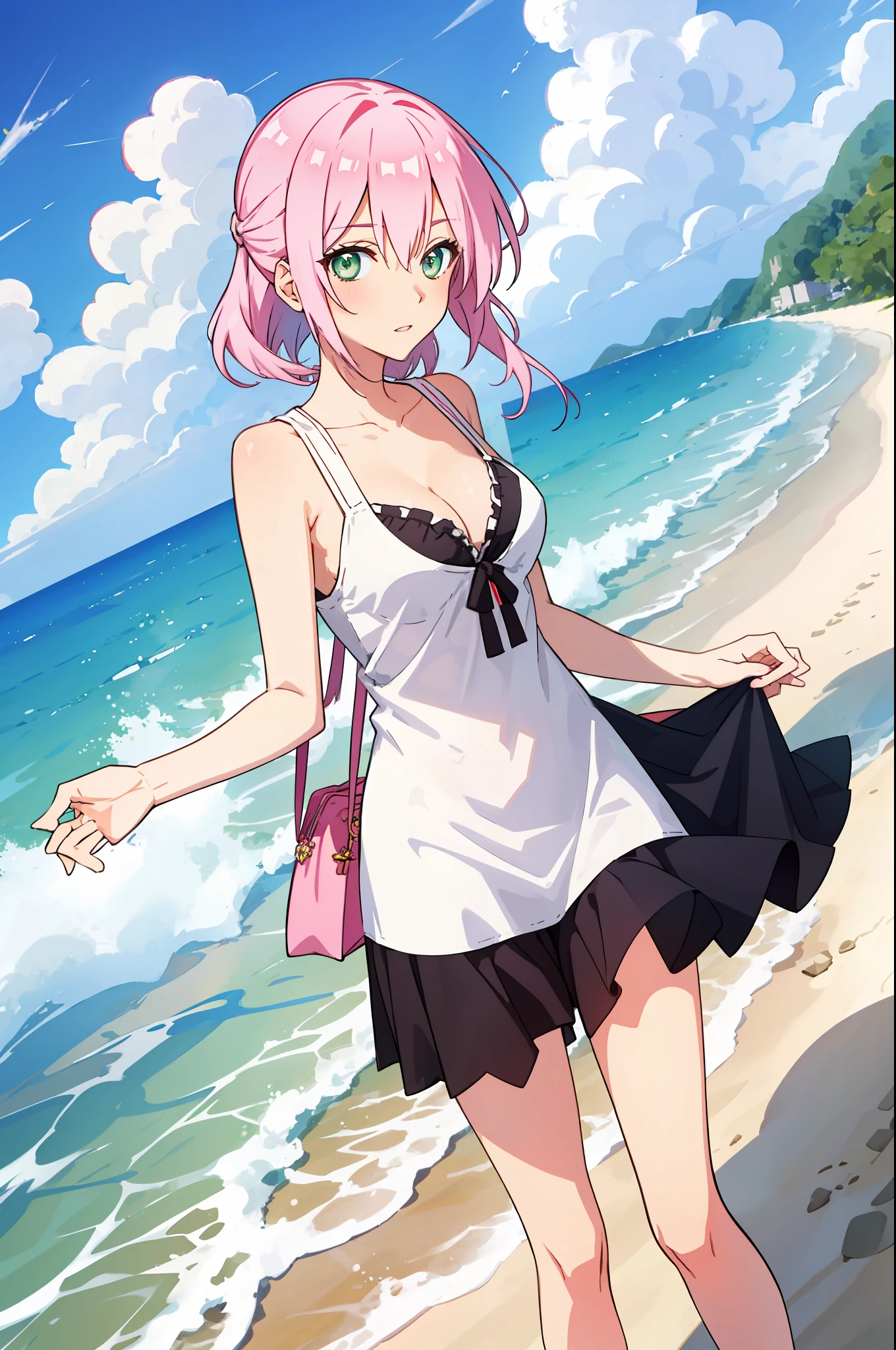 shikimori, medium breast, slim legs, sunny day, Beach, leaning, beautiful eyes, green eyes, nervous