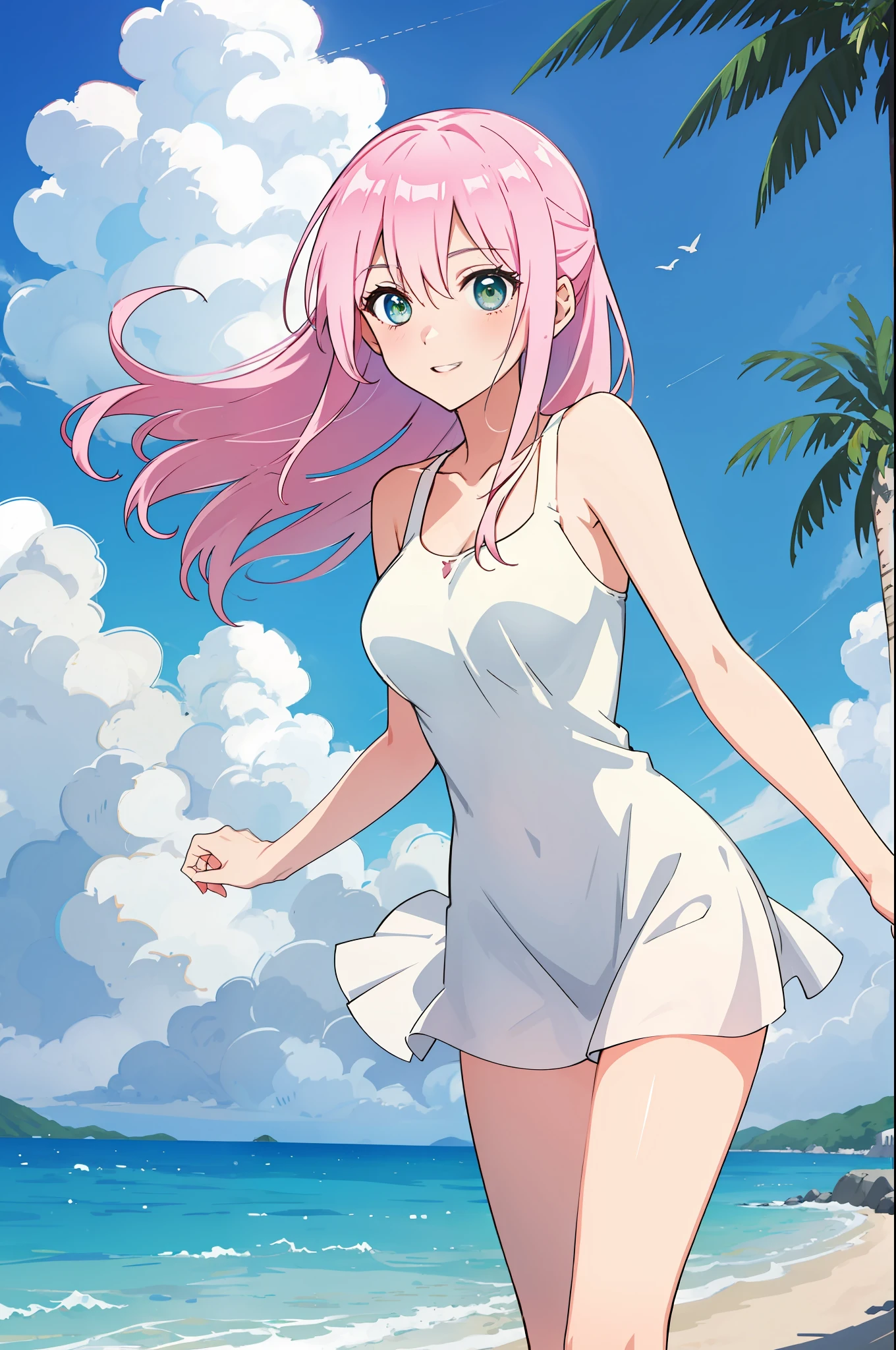 shikimori, medium breast, slim legs, sunny day, Beach, leaning, beautiful eyes, green eyes, nervous