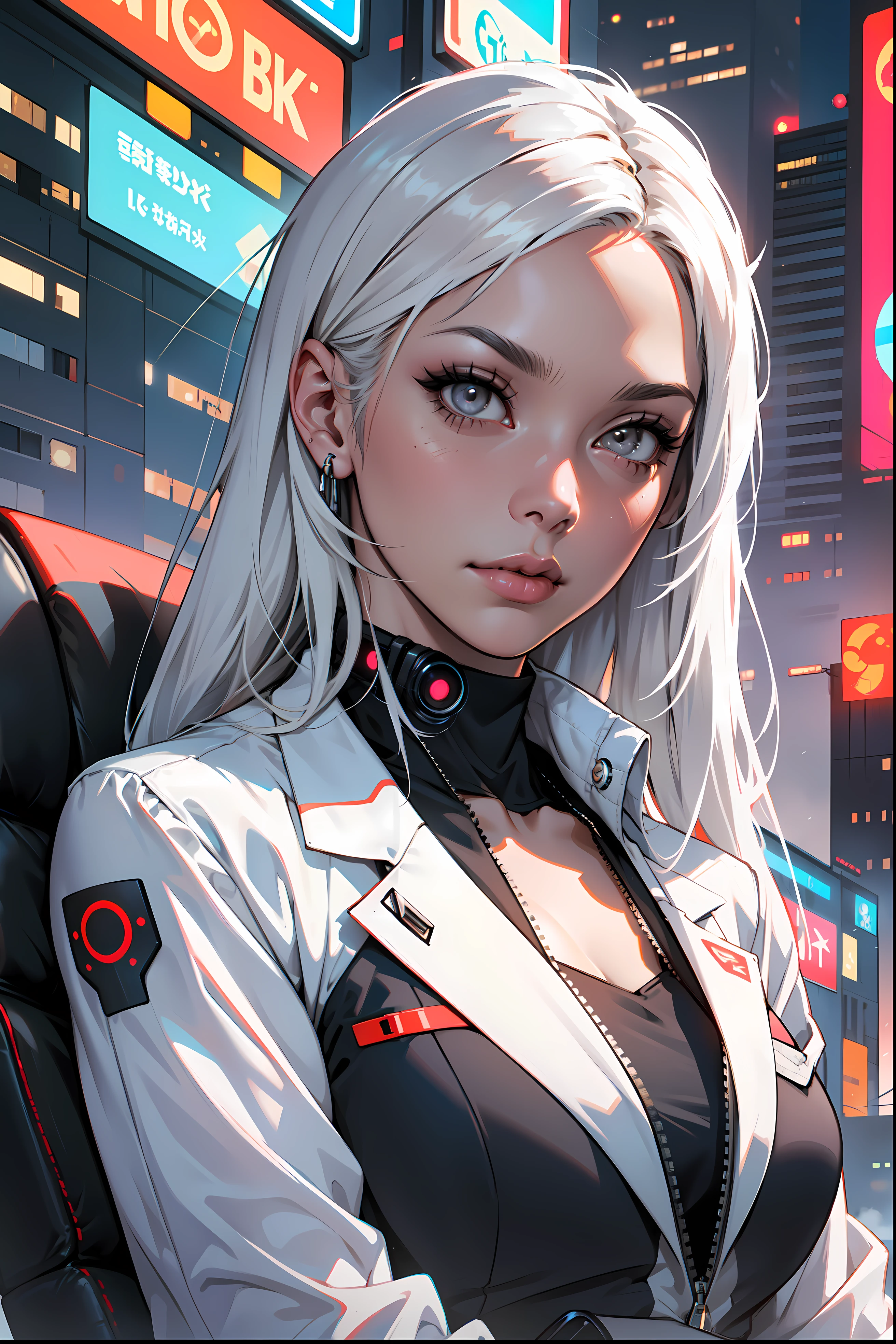 (masterpiece:1.3), (8k, photorealistic, RAW photo, best quality: 1.4), (1girl), beautiful face, (realistic face), Nice hairstyle,Realistic Eyes,Nice detail eyes,(Realistic Skin),Beautiful Skin,Ridiculous,attractive,Ultra high Resolution,an ultra realistic,RAWExtremely detailed,golden proportions, Woman wearing business outfit, white formal blazer, white blouse, white high waist business skirt, beautiful, masterpiece, best quality, perfect lighting, (white hair:1.4), long hair, (grey eyes:1.2), slender build, thin, medium breasts, business woman, ceo of small arms and aerospace centered mega corporation, sitting in luxurious black office chair, giant modern window with view of dusk cyberpunk city skyline in background, torso shot, dusk, (cyberpunk city background:1.3), (Hazy sky:1.2), (Dim red sun:1.3), eyelashes, dark eyeliner, cyberpunk, older, sleek modern-futuristic office, (white clothes:1.2)
