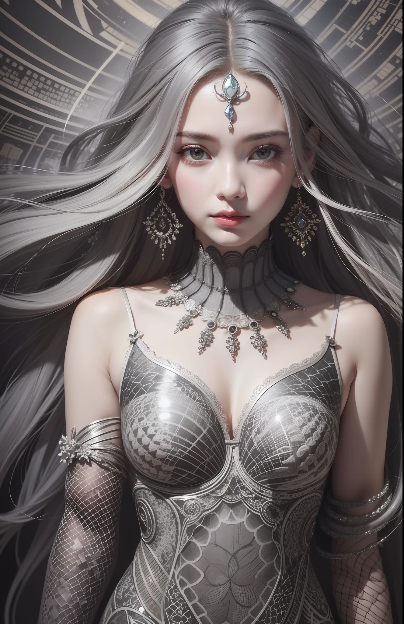 official art, unity 8k wallpaper, ultra detailed, beautiful and aesthetic, masterpiece, best quality, (zentangle, mandala, tangle, entangle), (fractal art:1.3) , 1woman, extremely detailed, dynamic angle, cowboyshot, the most beautiful form of chaos, elegant, a brutalist designed, vivid colours, romanticism, atmospheric, ecstasy of musical notes, streaming musical notes visible
