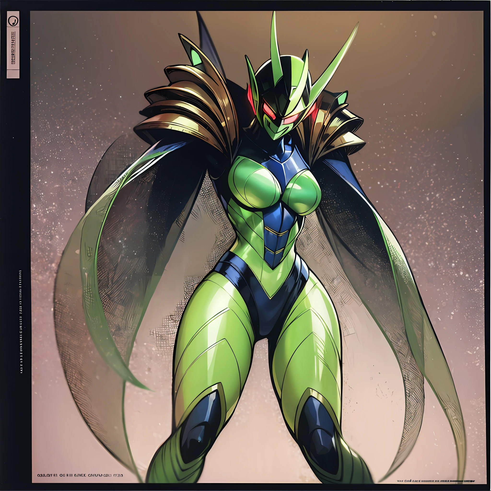 Hot insect shell woman, Guyver style, evil smile, scaraber reploid, bellows tail, cel shade adult animation, alien queen, metroid suit