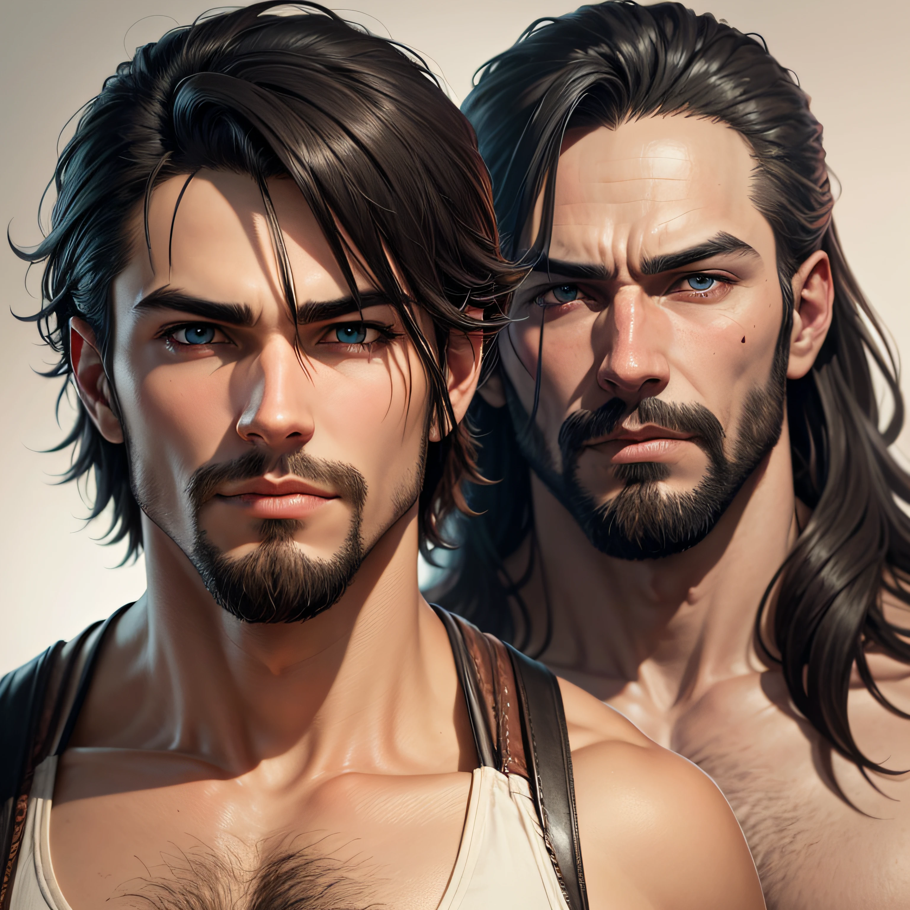 Create the face of a character I'm thinking of He has blue eyes, black hair, beautiful face, perfect nose, perfect lips, hair style kind of large on the side similar to Dante's hair from Devil May Cry, looking to be about 32 years old with a well-made black beard, 4K --auto