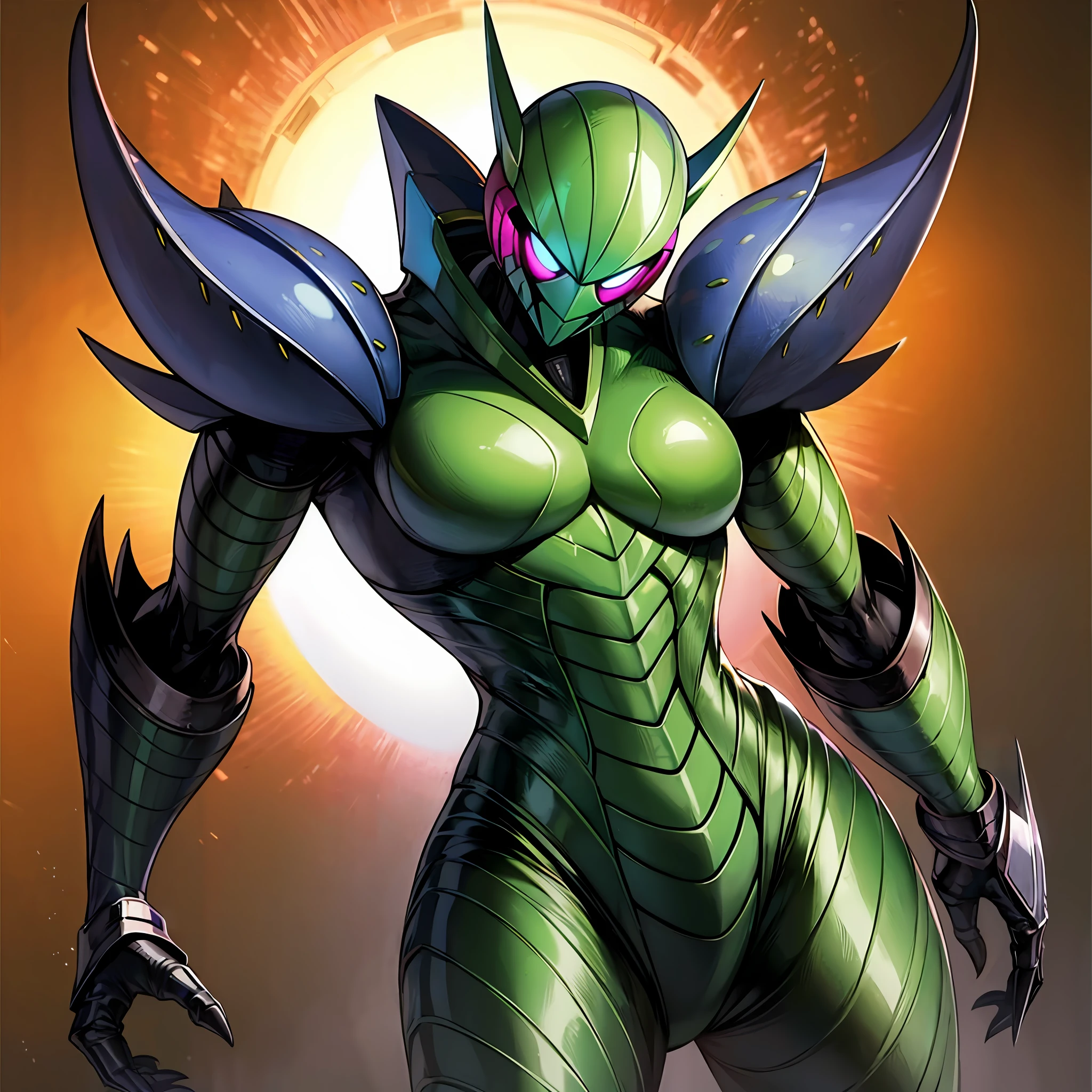 Hot insect shell woman, Guyver style, evil smile, scaraber reploid, bellows tail, cel shade adult animation, alien queen, metroid suit