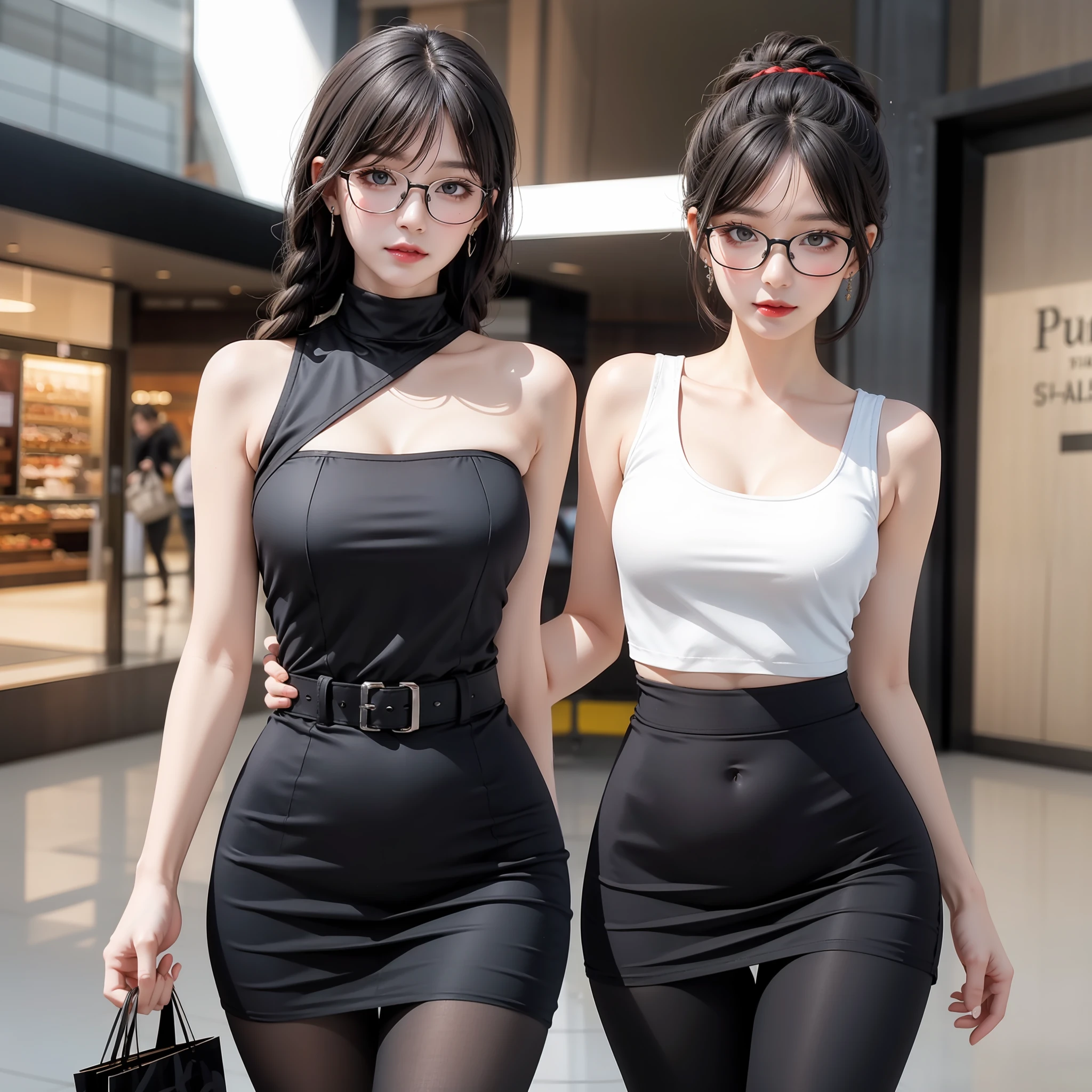 A silly white sweet, wearing glasses, masterpiece, light makeup, red lips, coiled hair, side braids, shopping mall background, beautiful, elegant. Ultra-fine details, master works, real texture, cinematic lighting realism, perfect works, 8k, high definition, exquisite facial features. The upper body is wearing an elastic sleeveless slanted shoulder top, showing the navel and a small waist. The lower body is wearing a beautiful tight hip skirt, sexy black tights, and an S-shaped curved body. Pear-shaped body. Rounded hips, slender little waist, sexy chest, vest line, collarbone, bright big eyes, smooth skin, earrings, tattoos, short and cute beautiful legs. Deep in the human, cat cherry lips. Perfect waist-hip ratio.