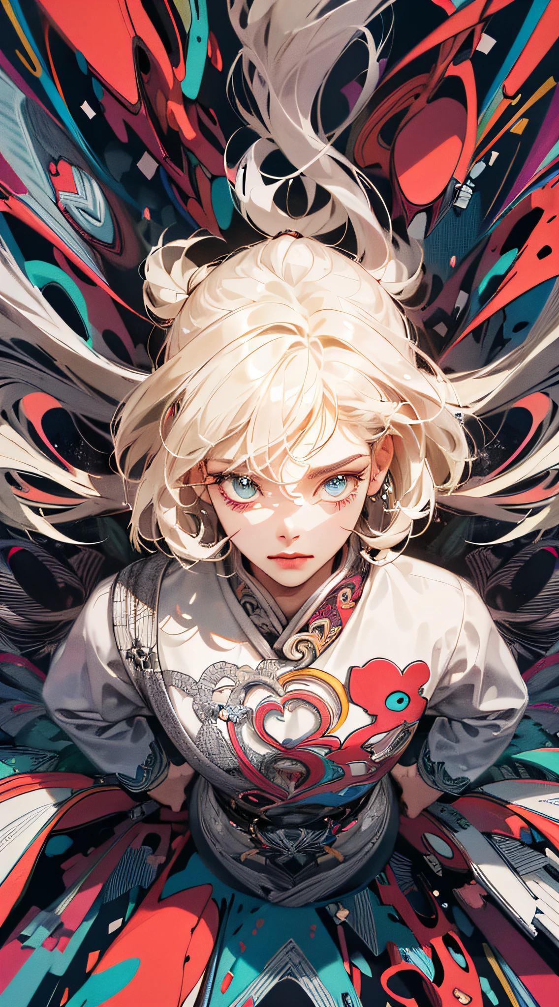 absurdres, highres, ultra detailed, 1girl, solo, extremely detailed eyes, Ultra-precise depiction, Ultra-detailed depiction, (zentangle:1.2), (dynamic pose), (abstract background:1.5), (treditional dress:1.2), short platinum blonde, (shiny skin), many colors, upper body, (from above)