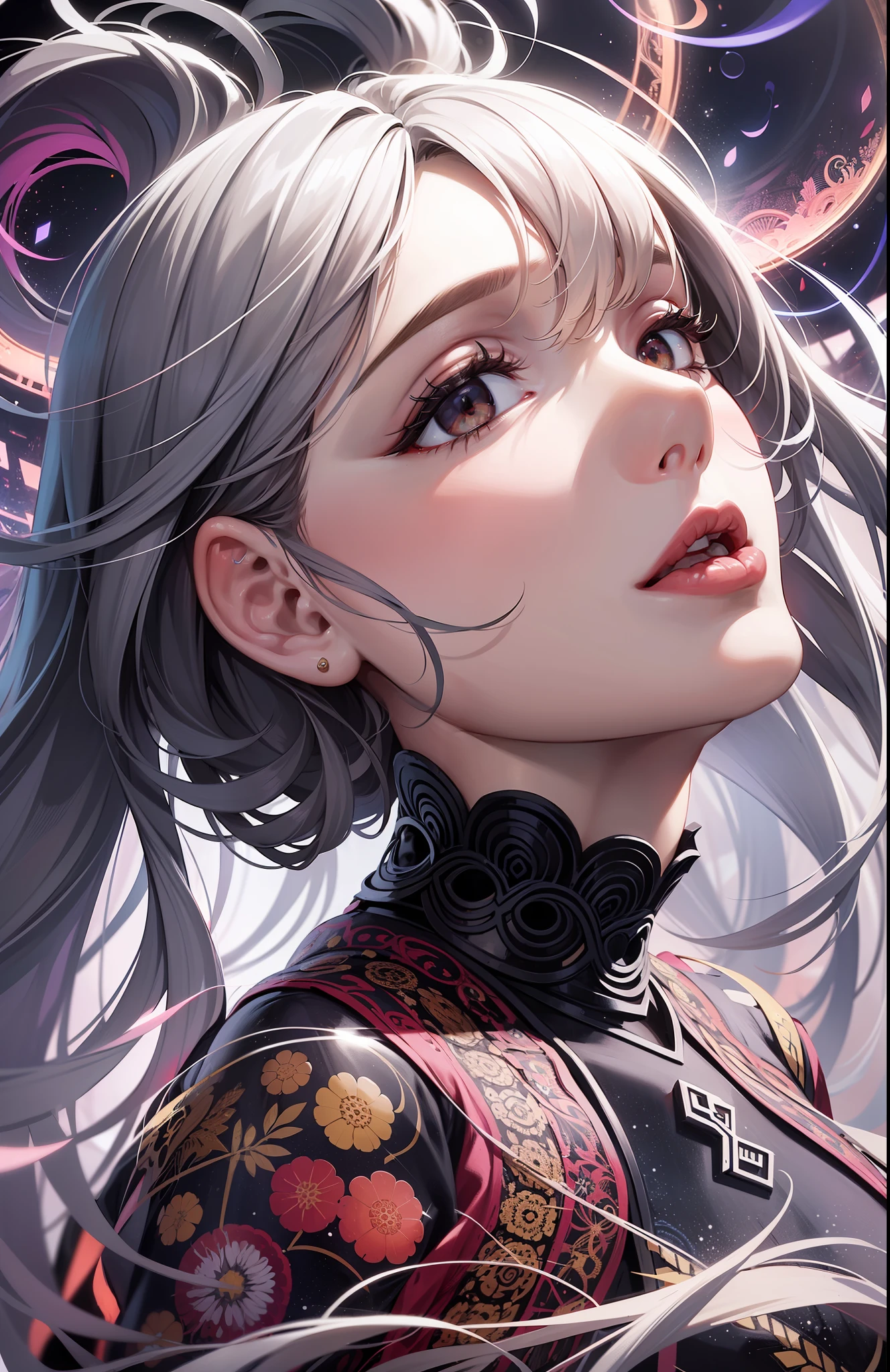 official art, unity 8k wallpaper, ultra detailed, beautiful and aesthetic, masterpiece, best quality, (zentangle, mandala, tangle, entangle), (fractal art:1.3) , 1woman, extremely detailed, dynamic angle, cowboyshot, the most beautiful form of chaos, elegant, a brutalist designed, vivid colours, romanticism, atmospheric, ecstasy of musical notes, streaming musical notes visible