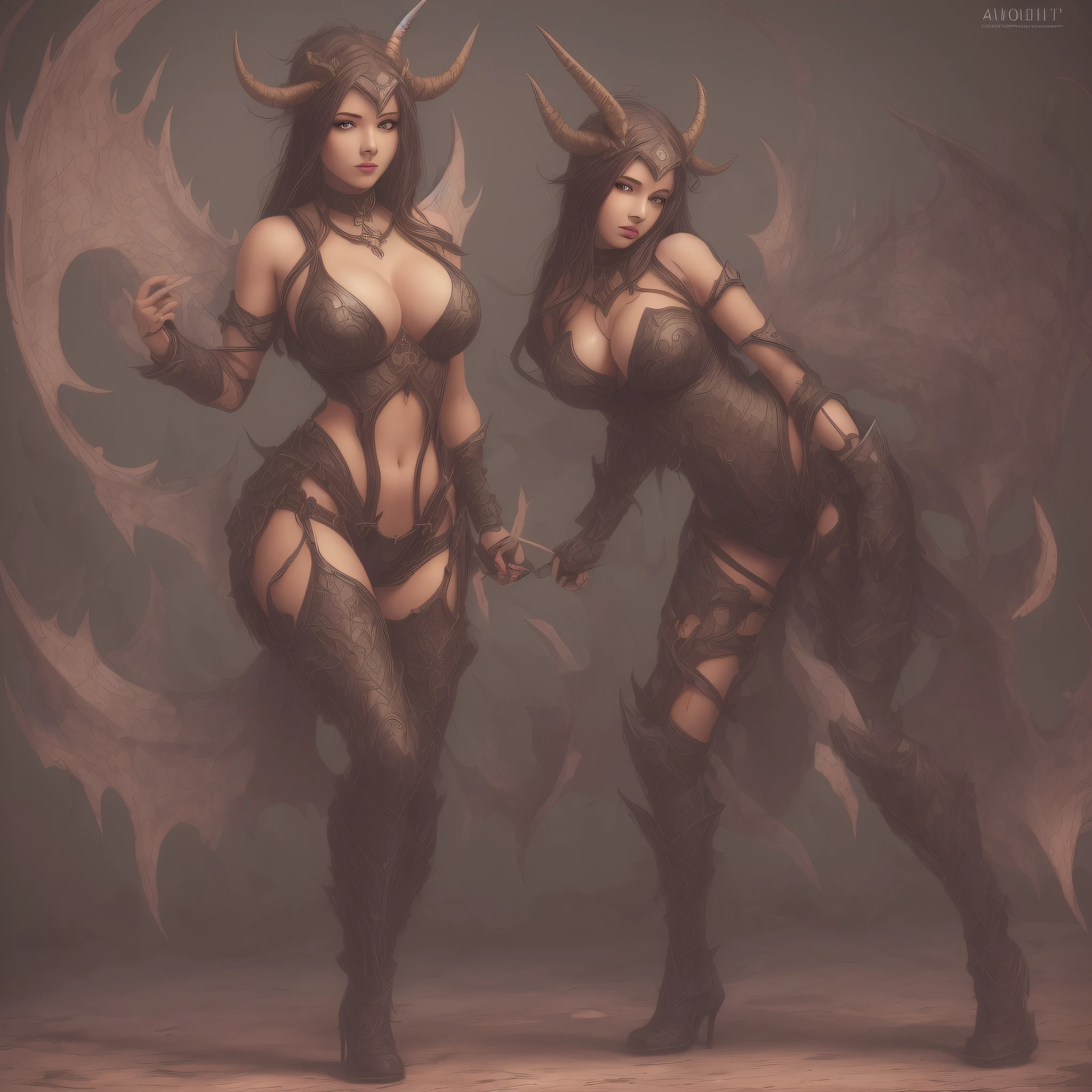 A girl full body succubus realistic head with horns tail big breasts wide shoulders thin waist wide crotch long legs --auto