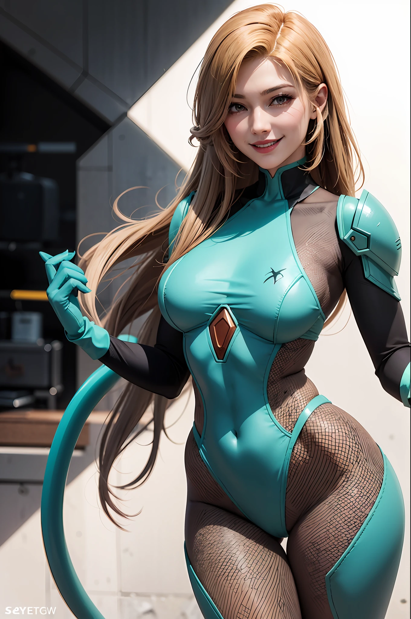 Metroid suit, hot women, fishnet stockings, guyver style, bewitching, evil smile, scaraber reploid, bellows tail, cel shade adult animation,