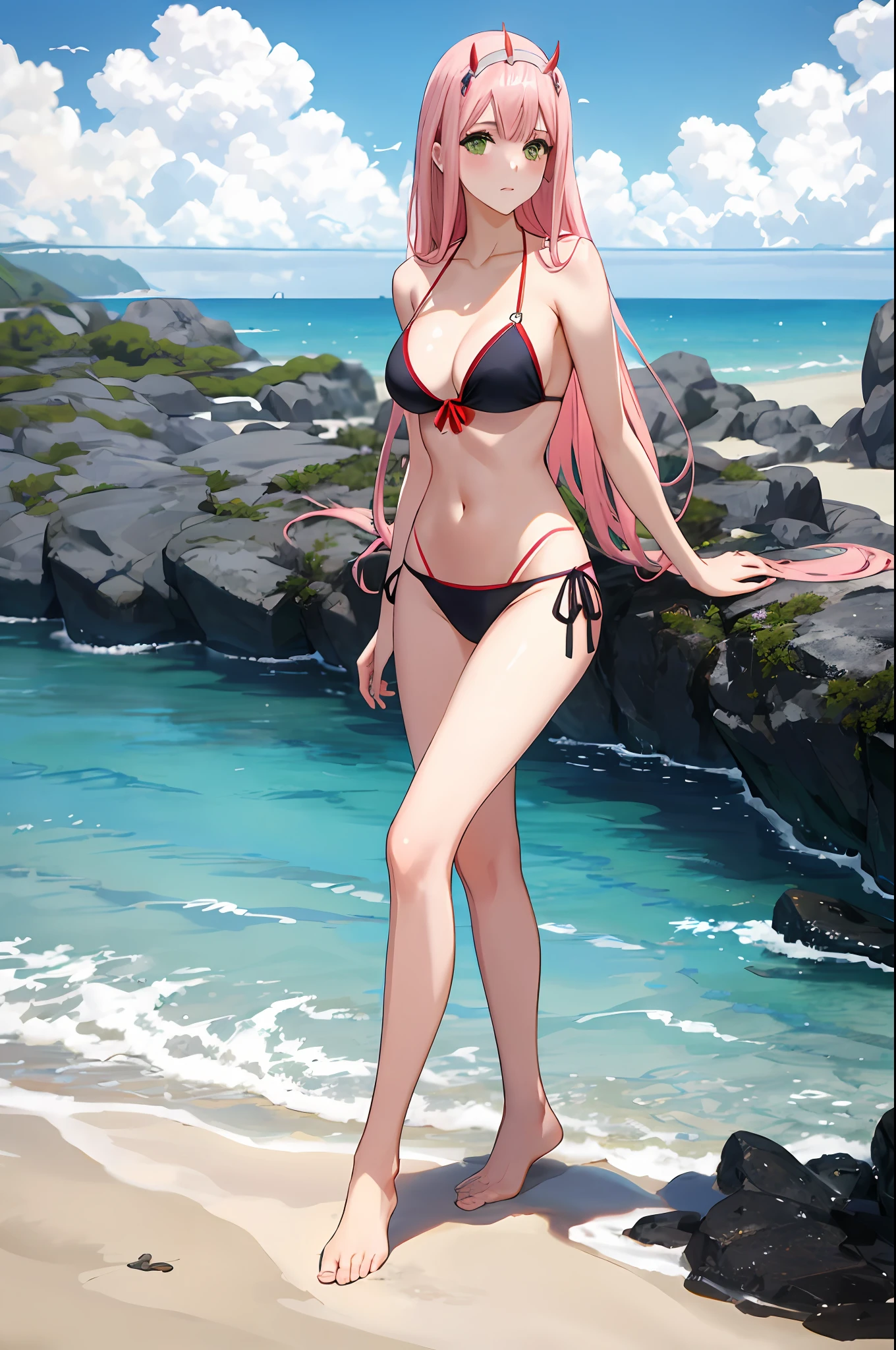 zero two, side tie bikini, medium breast, slim legs, sunny day, Beach, leaning, beautiful eyes, green eyes, nervous