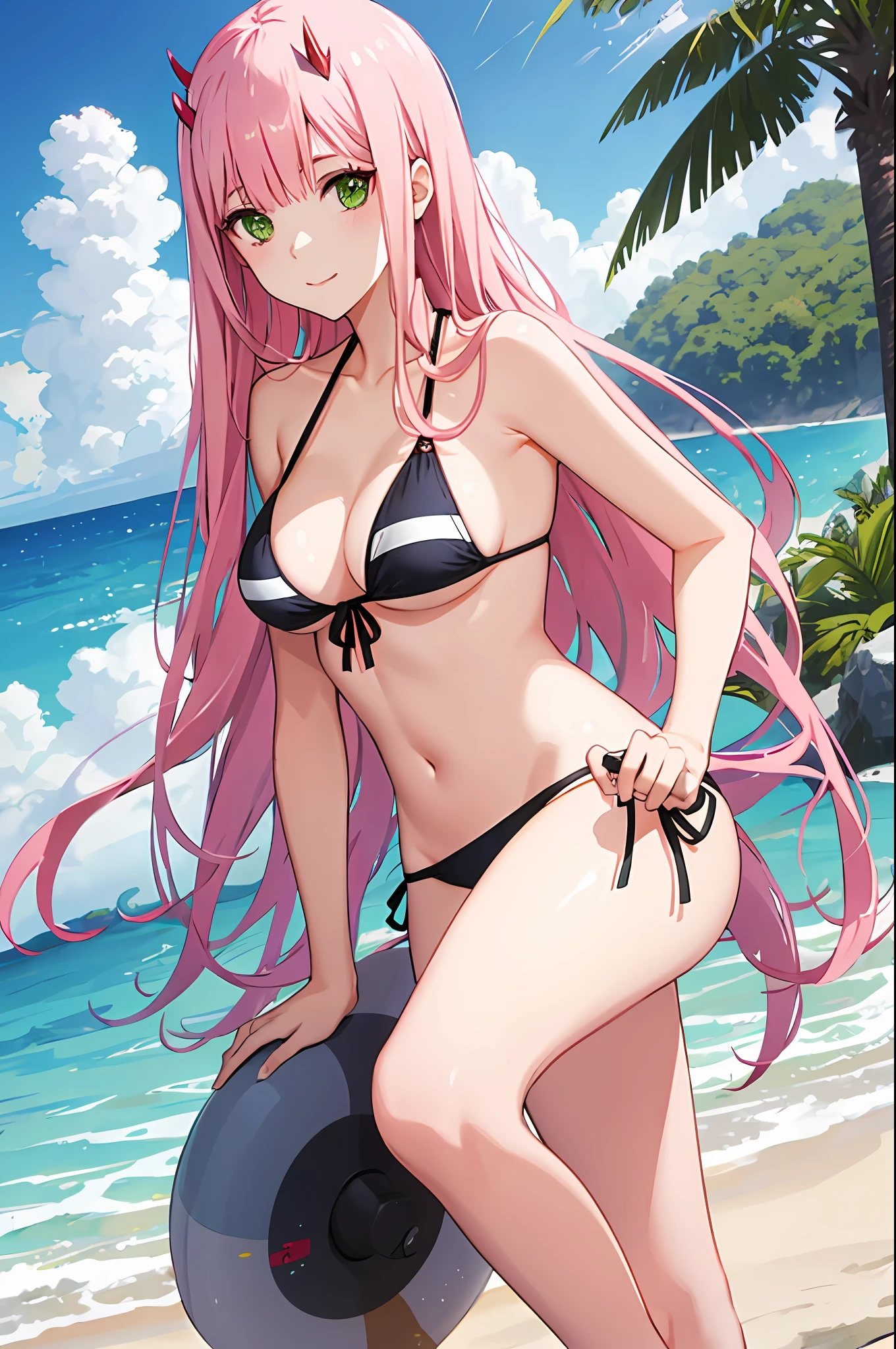 zero two, side tie bikini, medium breast, slim legs, sunny day, Beach, leaning, beautiful eyes, green eyes, nervous