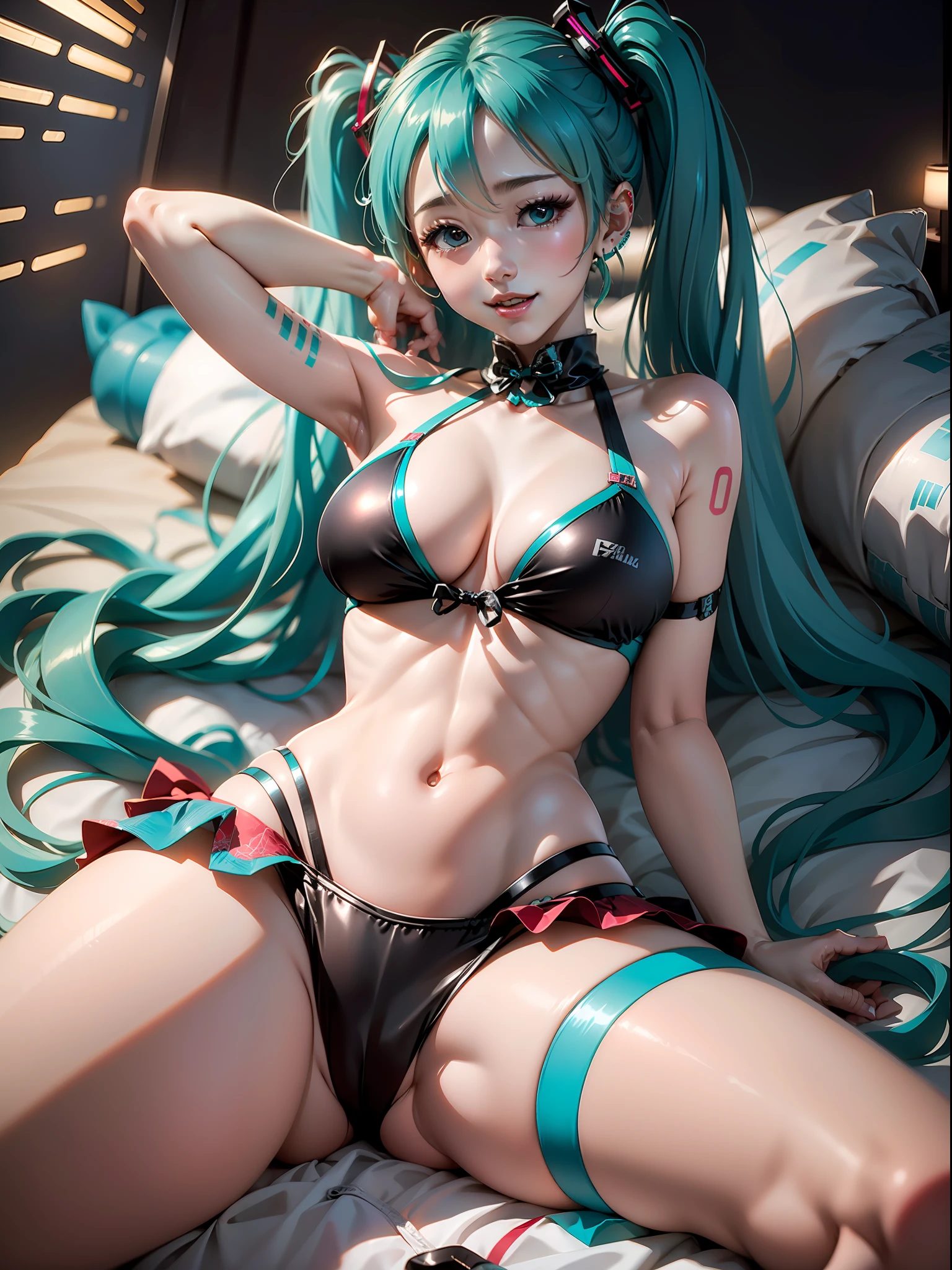 Hatsune Miku,Sexy bikini,Slave tattoo,blush,,Unknown white liquid,whole body,Feichang color,Not showing breasts