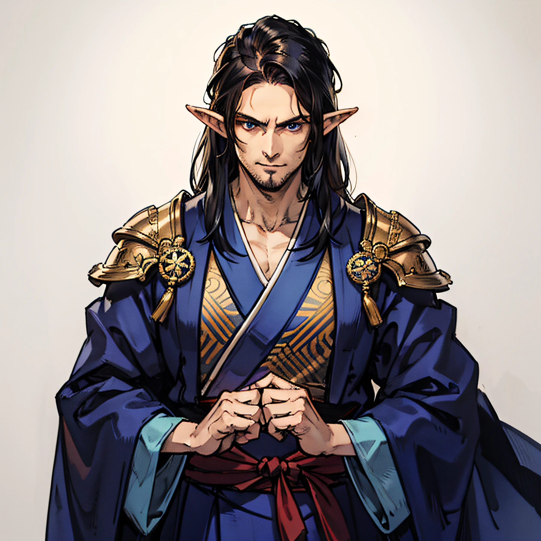 (best quality, masterpiece: 1.3), thick contours, face highlight, detailed face, detailed skin, man, one man, blue tunic, white background, high elf, pointy ears, serious, skin trim, (black hair: 1.5), shoulder-length hair, blue eyes, intricate clothes, he wears a dark blue kimono. The hakama should be a little longer. white background, shoulder-length hair, 37-year-old man