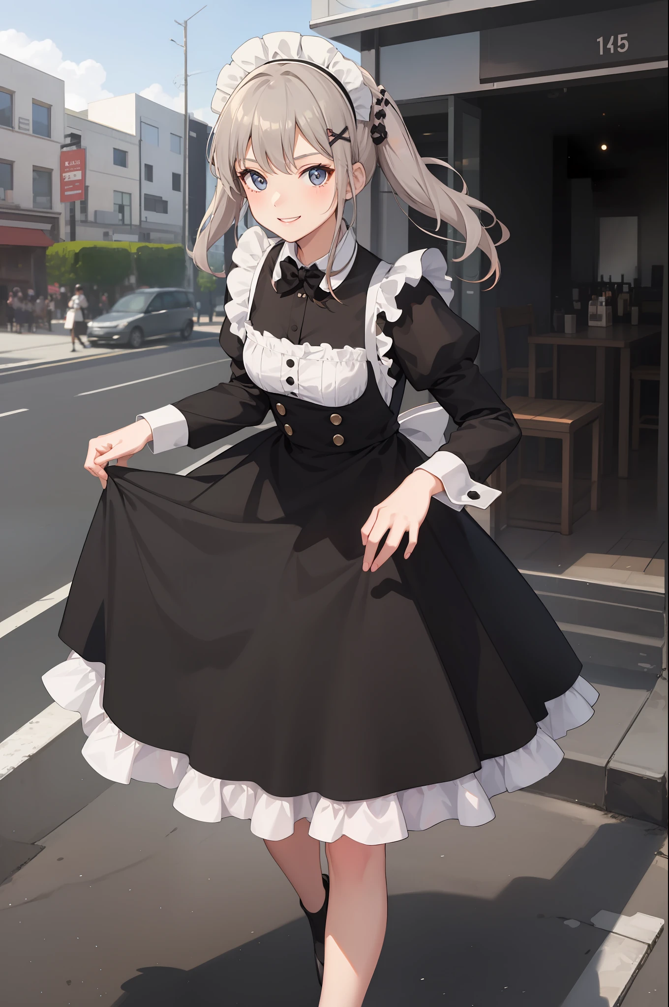 1 girl, smiling, skirt, (small) chillerism, dress, apron,,,,,,、 maid,,,,,,,,、 hair ornament, running briskly,