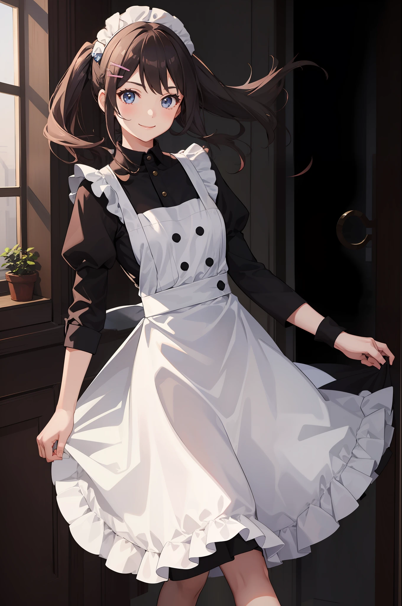 1 girl, smiling, skirt, (small) chillerism, dress, apron,,,,,,、 maid,,,,,,,,、 hair ornament, running briskly,