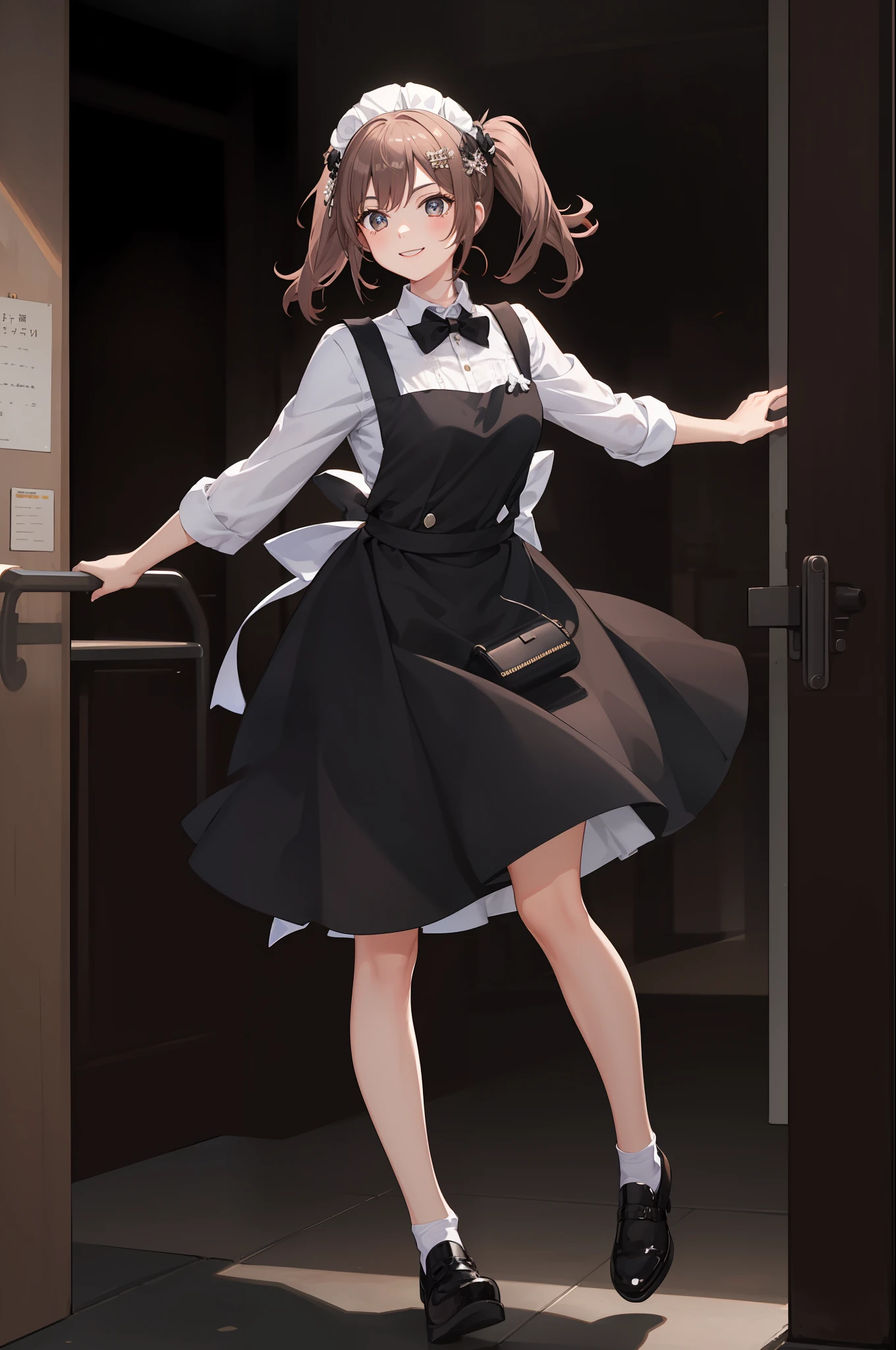 1 girl, smiling, skirt, (small) chillerism, dress, apron,,,,,,、 maid,,,,,,,,、 hair ornament, running briskly,
