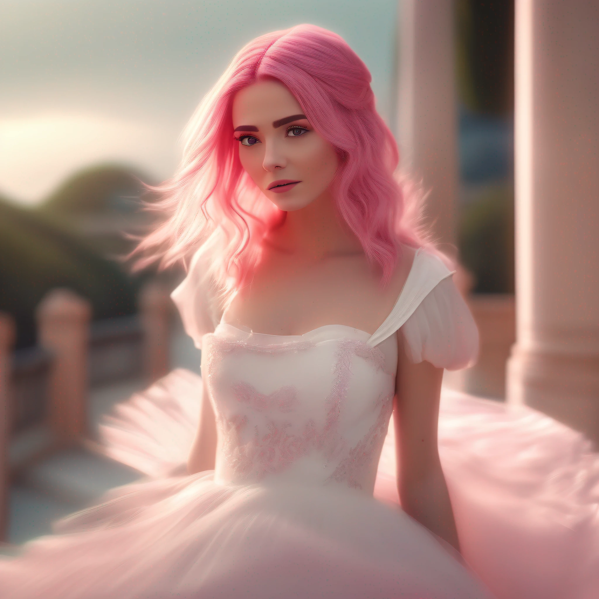 Masterpiece, best quality, photolike, a girl, pink hair, white long dress, 8k, real, high precision, cinematography, soft light effects