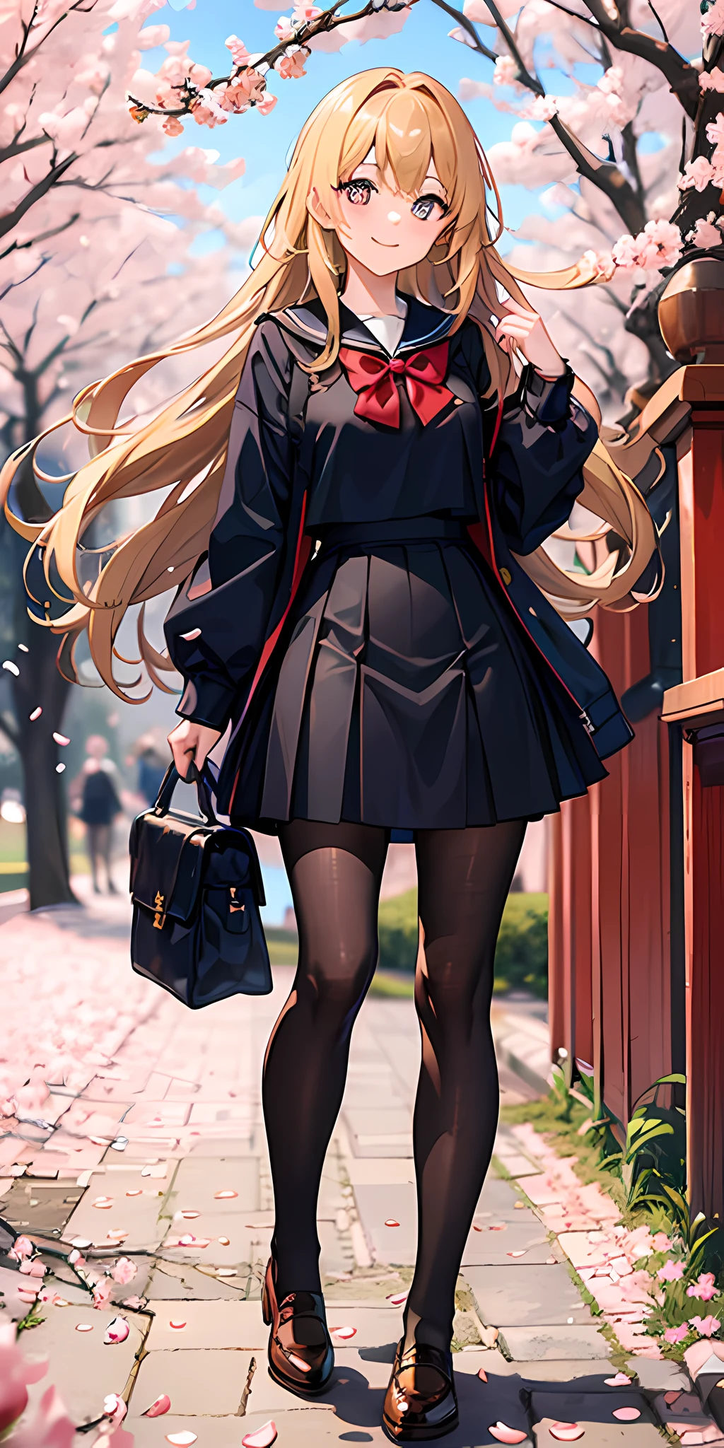 Long flaxen hair, caramel pupils, female high school student, JK short skirt, black stockings, full body, standing, blue coat, red bow tie, brown leather shoes, smile, cherry blossoms, campus, sailor suit