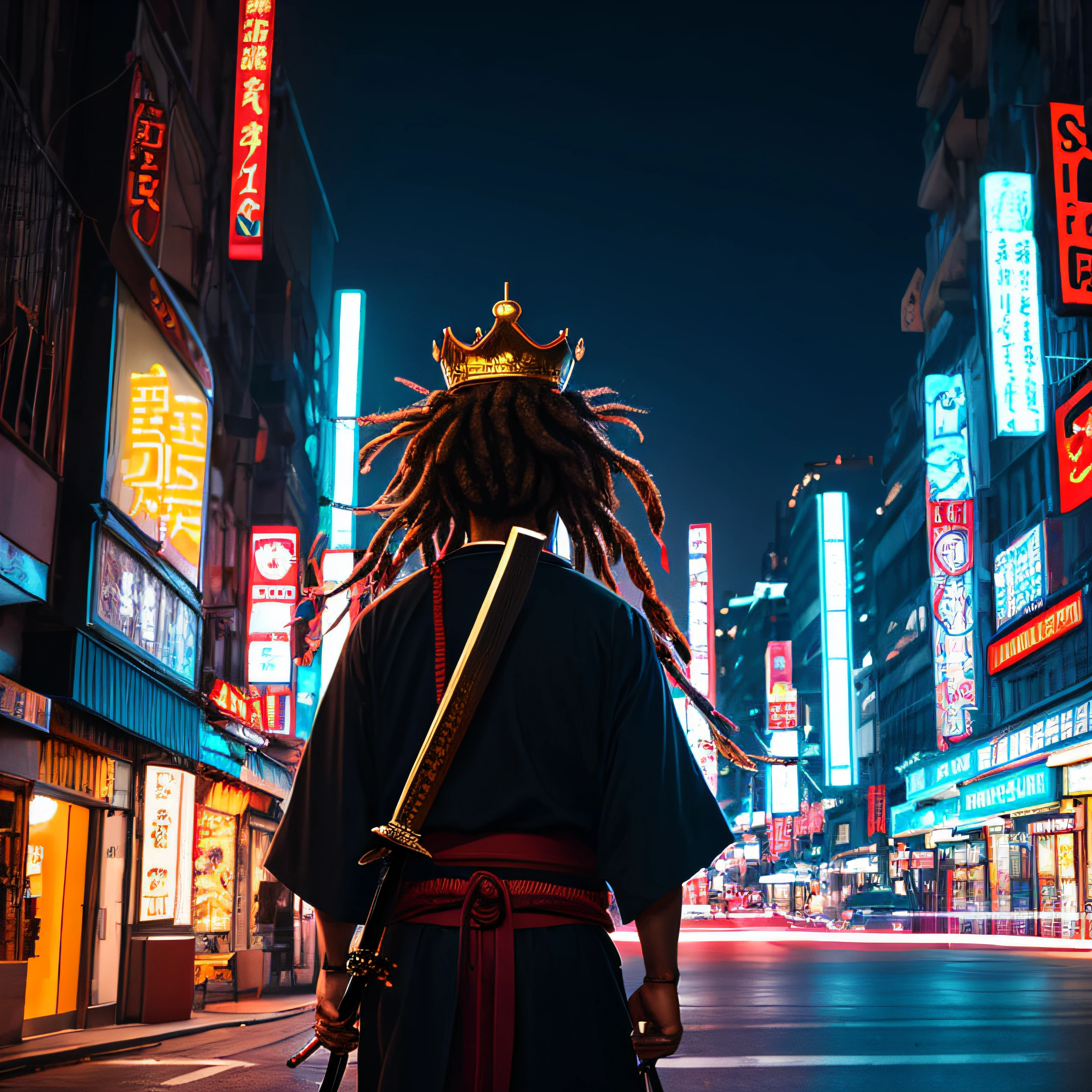 Man with dreadlocks and a crown on his head, in samurai clothing, sword on his back, low light, on a street with a lot of neon, many buildings in the background, face not very visible, a lion behind him --auto