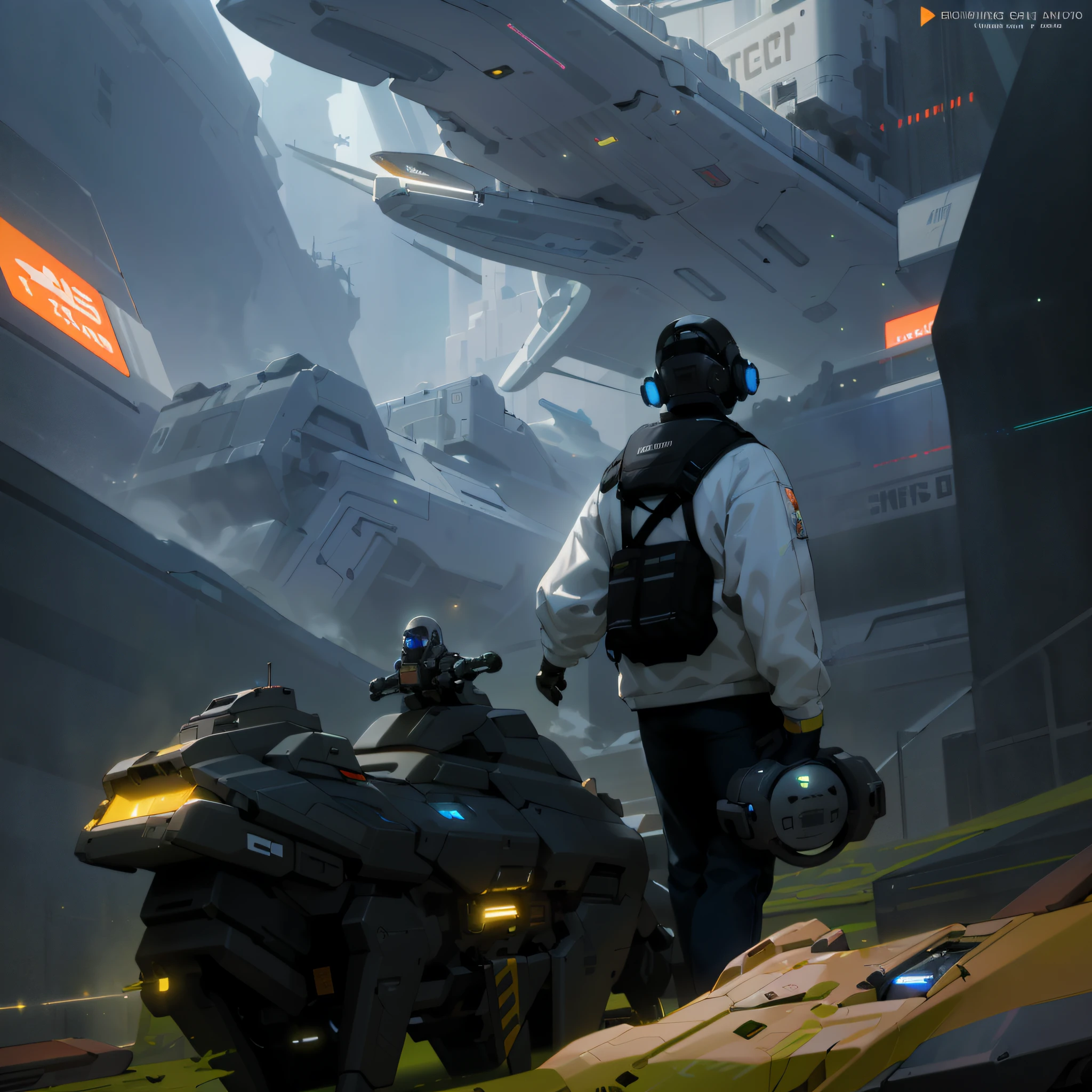 spaceships and a man in a helmet are standing in front of a vehicle, star citizen digital art, star citizen concept art, star citizen halo, scifi concept art, sci - fi concept art, sci fi concept art, sci-fi concept art, sci-fi digital painting, sci fi digital painting, sci fi artwork, sci - fi illustration