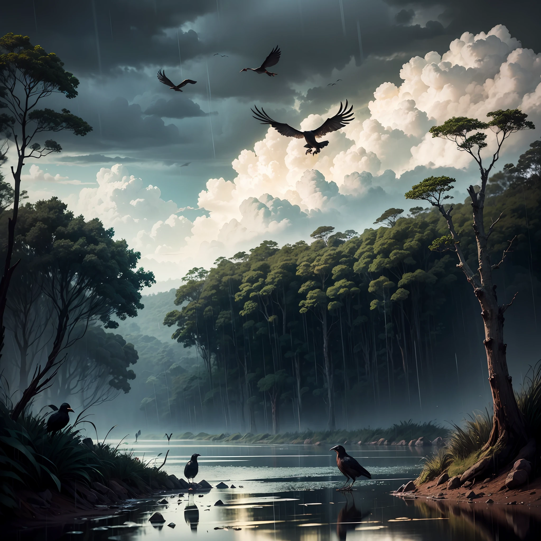 Dark Brazilian forest, with rain and crows in the sky. Realistic, 4k, best picture. --auto