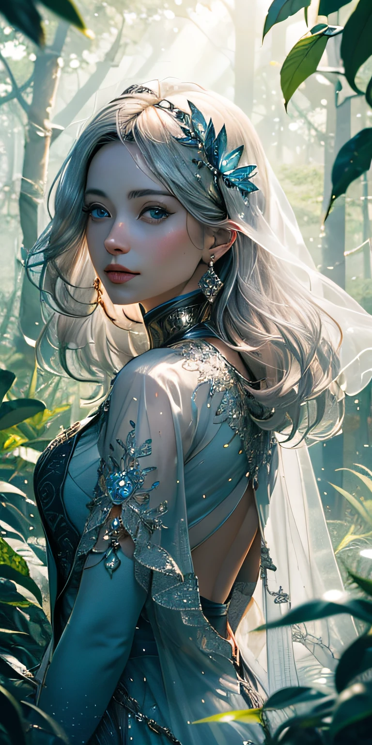 A beautiful goddess of serenity and dreams, her face is delicate and smooth, her face is rude, her silver hair reaches her feet, light clothes full of veils with delicate details, jewels on her neck and wrist, a clear blue magic for her. surroundings, (realistic: 1.35), (concept art), (majestic goddess), (beautiful, attractive, stunning face), (long flowing silver hair), (beautiful skin), (bright blue eyes), lush background (enchanted forest), butterflies: 0.35, leaves, bloom light effect, flowers: 0.4, god rays, dust lights and motes, realistic skin texture, (backlit), intricate, detailed, of the highest quality, hasselblad, Nikon D850, natural volumetric lighting, (good anatomy), good composition, (good proportions), subsurface dispersion, award-winning, masterpiece