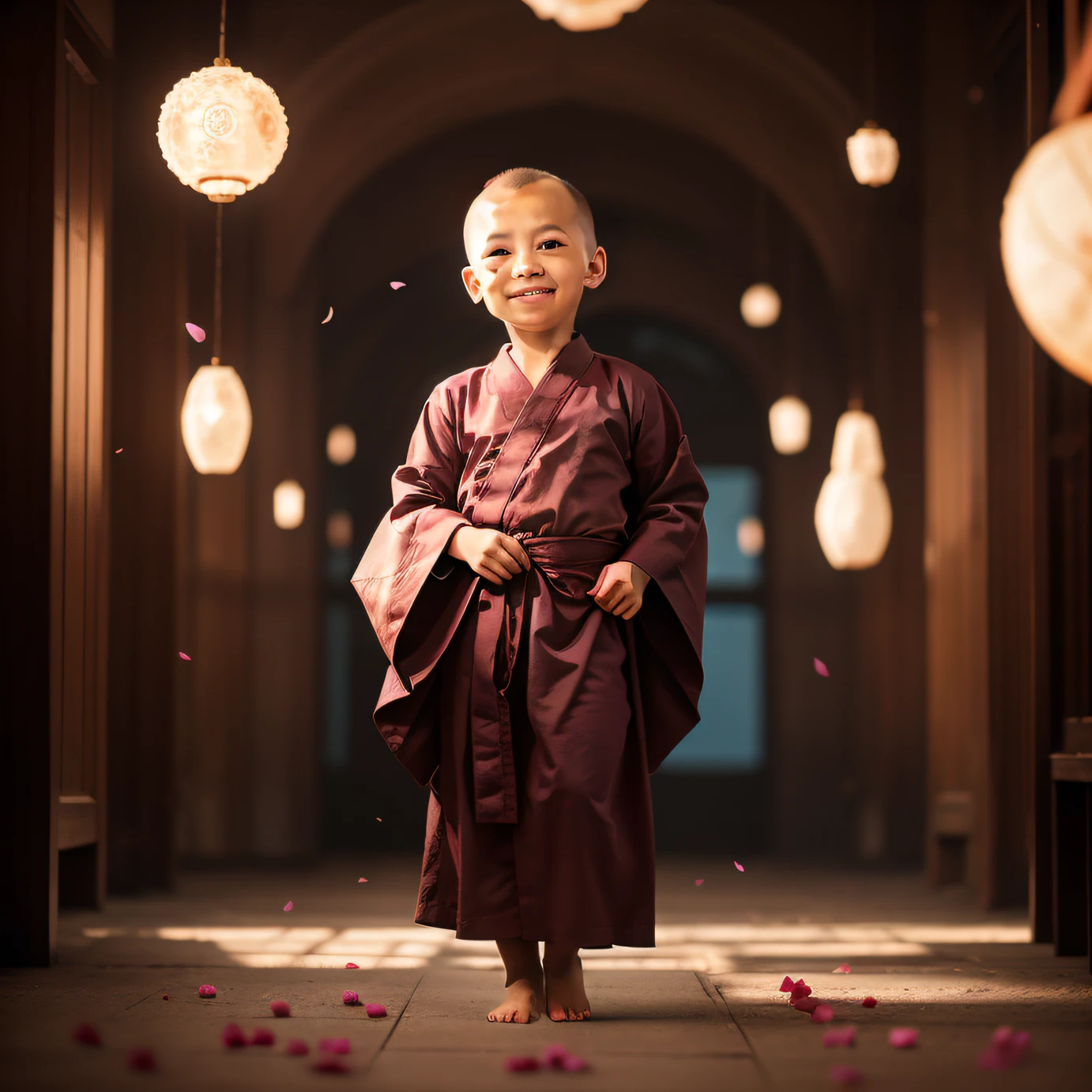 (8k, RAW Photo: 1.2), (Three-year-old Asian bald monk: 1.4), (Bald head: 1.31), Cinematic lighting, Best Quality, Ultra High Resolution, (Realistic: 1.3), POV, (Solo: 1.1), (Looking at the audience: 1.35), (Parted lips: 1.1), (Eyelashes: 1.1), (Happy: 1.21), (Depth of field: 1.1), Lens flare, (chromatic aberration: 1.1), (Caustics: 1.1), (Scattered glowing petals: 1.331), Ulzzang-6500-V1.1, ((Monk robes))), (((Full body)),