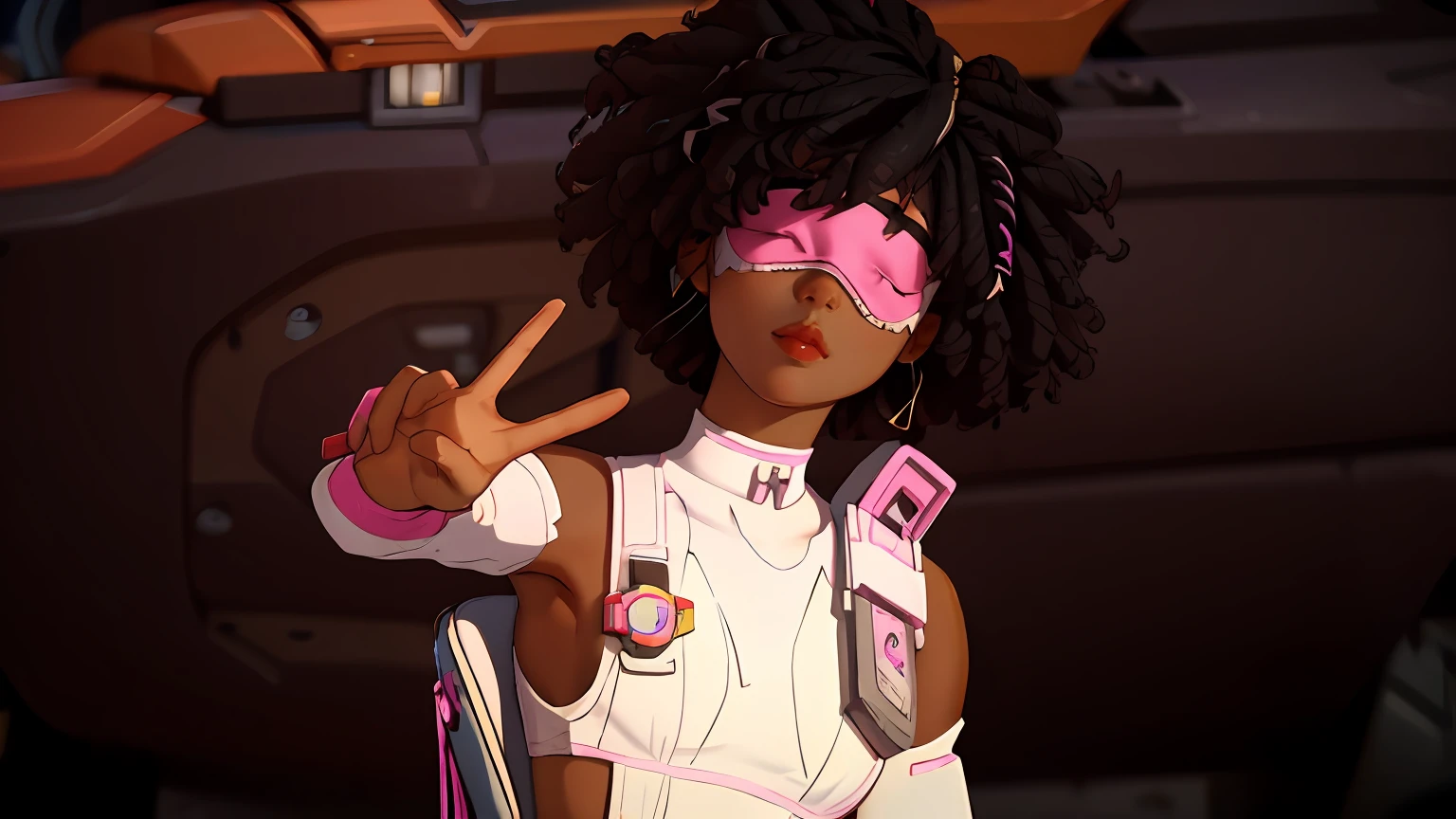 There is a woman with a pink blindfold and a pink mask, afrofuturism, afrofuturist, afrofuturism anime, afro-futuristic style, close-up character, young taliyah, afrofuturism, afrofuturism style, closeup character, overwatch permanence, fortnite character, nerd black girl super hero, close-up character, fortnite screenshot, making a peace sign with her hands