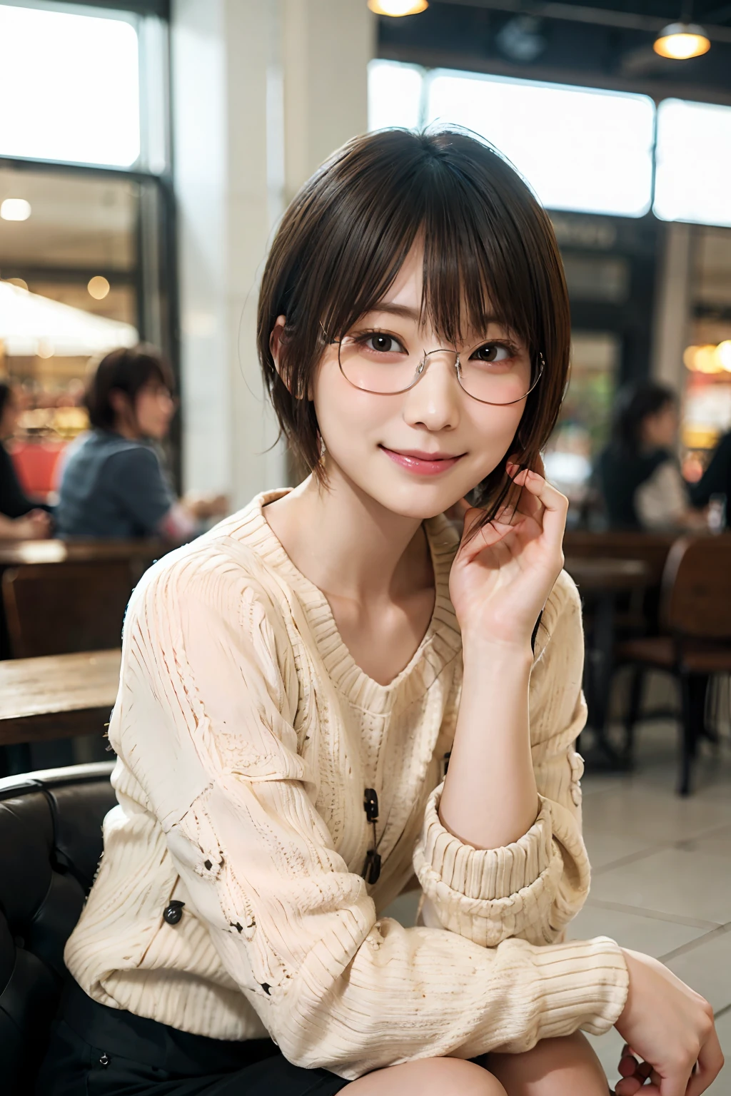 Japan girl in casual clothes in a shopping mall, looking at the viewer, posing with a smile (highest quality, masterpiece))), high resolution, very detailed, masterpiece, cinematic lighting, (8K, highest quality, masterpiece: 1.2), (realistic, photorealistic: 1.37) Hi-Res, Super Detail, 1 Girl, Woman with Glasses, Thin Frame Round Glasses, Light Colored Glasses Frame, asian, cute, cute face, solo, short hair 1.2, texture skin, beautiful smile, beautiful detailed sky, detailed café, night, movie lighting, depth of field, lens flare light, sitting, dating, (blushing), (smile: 1.15), small breasts (mouth closed), eyes with beautiful details, (sweater: 1.1), night, (short hair: 1.2), floating hair Nova Frog style,