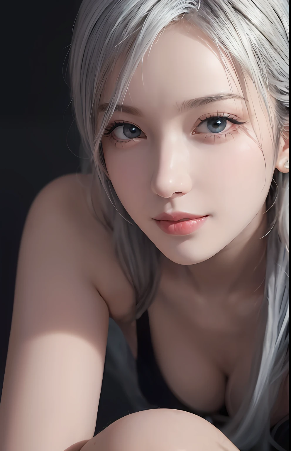 (Ultra Realistic), (Illustration), (High Resolution), (8K), (Very Detailed), (Best Illustration), (Beautiful and Detailed Eyes), (Best Quality), (Ultra Detailed), (Masterpiece), (Wallpaper), (Detailed Face), Solo, One Girl, Viewer, Fine Detail, Detailed Face, In the Dark, Deep Shadows, Low Key, pureerosfaceace_v1, Smile, Long Hair, 46-point oblique bangs, showing the whole body, legs, white hair, sitting