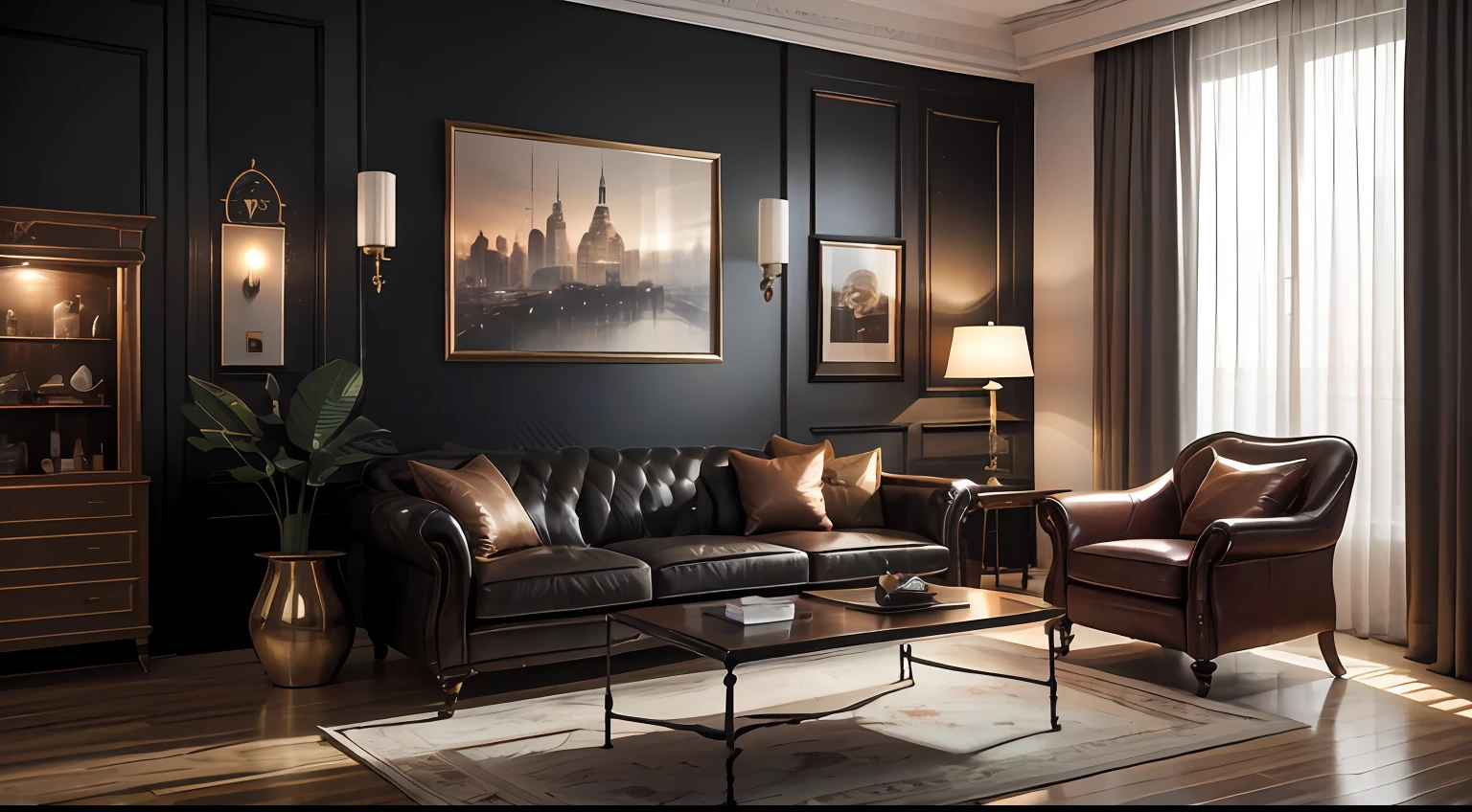 "A comfortable room in 4K quality, equipped with a computer and comfortable chairs, and the walls are decorated with sophisticated items in cyberpunk style, creating a fantastic atmosphere, very beautiful." --auto