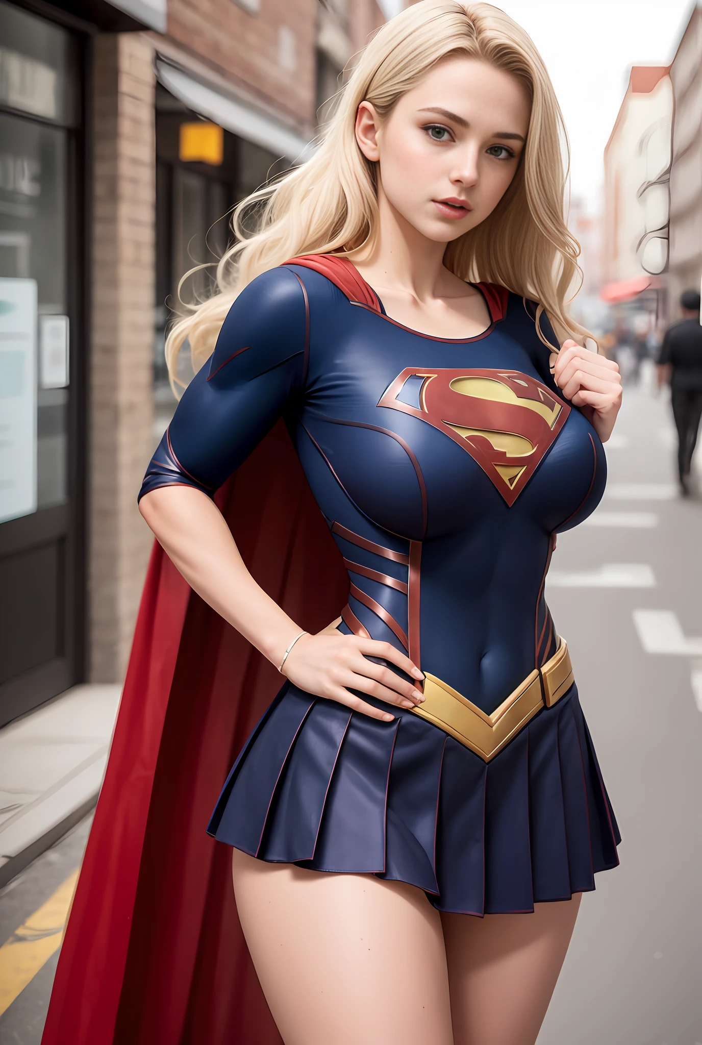 ((best quality, masterpiece, absurd, 8k)), 1 girl, solo, 21 years old,Supergirl(Helen Slater), huge breasts,huge breasts, long hair up to the hip, long hair,loose hair, voluminous hair, young Brazilian, white skin tone, green eyes, expressive eyes, huge breasts, she is the supergirl, Supergirl cosplay, behaved dress,Long pleated skirt Supergirl cosplay, superman suit,City of crypton, futuristic city, daytime, beautiful, young woman, hands back