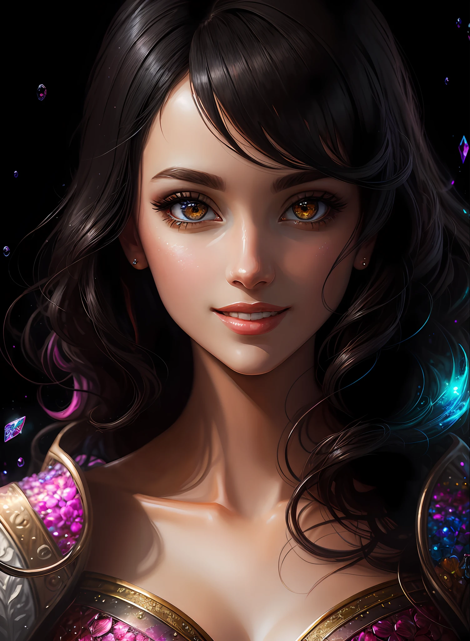((Best Quality)), ((Masterpiece)), (Real), (Details), (1 Woman) Close-up portrait of a woman with black hair, eyes shining as beautiful as pink diamonds, 4K high-definition digital art, stunning digital illustrations, stunning 8K artwork, colorful digital fantasy art, colorful, bright, beautiful digital artwork, Colorful Digital Painting, Digital Anime Art, Portrait of Beautiful Bright Smiling Woman, 8K HD Digital Wallpaper Art, Gorgeous Digital Painting