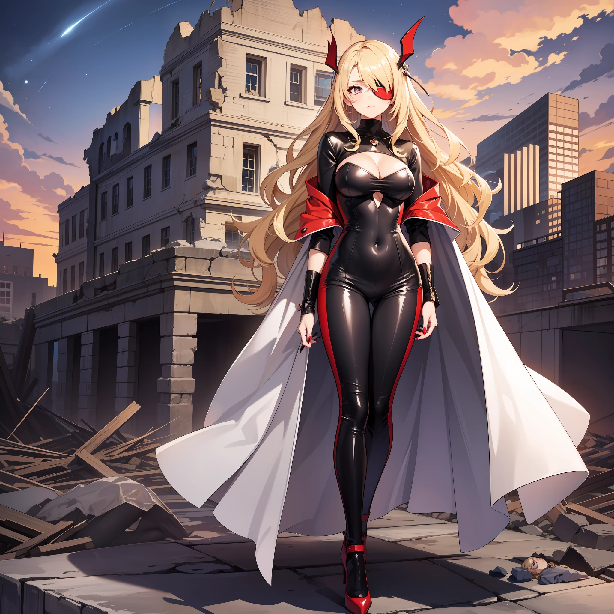Age 30 years woman, Long blonde hair with pin doll, Wearing left eye patch, wearing a black red white bodysuit with cloak, high heels, red nails and eyes, sswing On the ruins, looking at viewer, sad, best quality, masterpiece, HD, Full Body, beautiful face, Night sky, variation angle