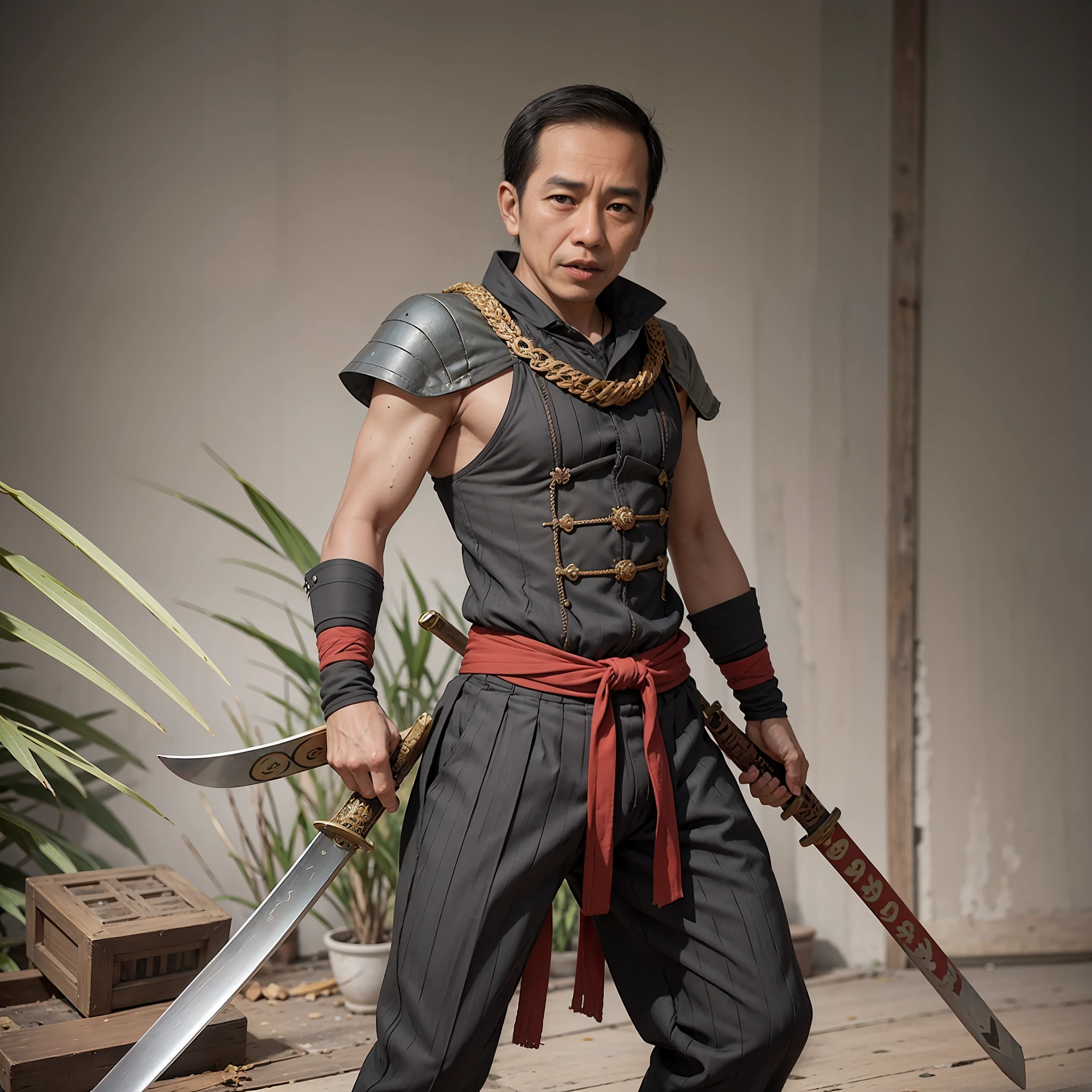 Jokowi as samurai. angry expression,carrying a sword, model photography, potrait,standing, full shot,full body,