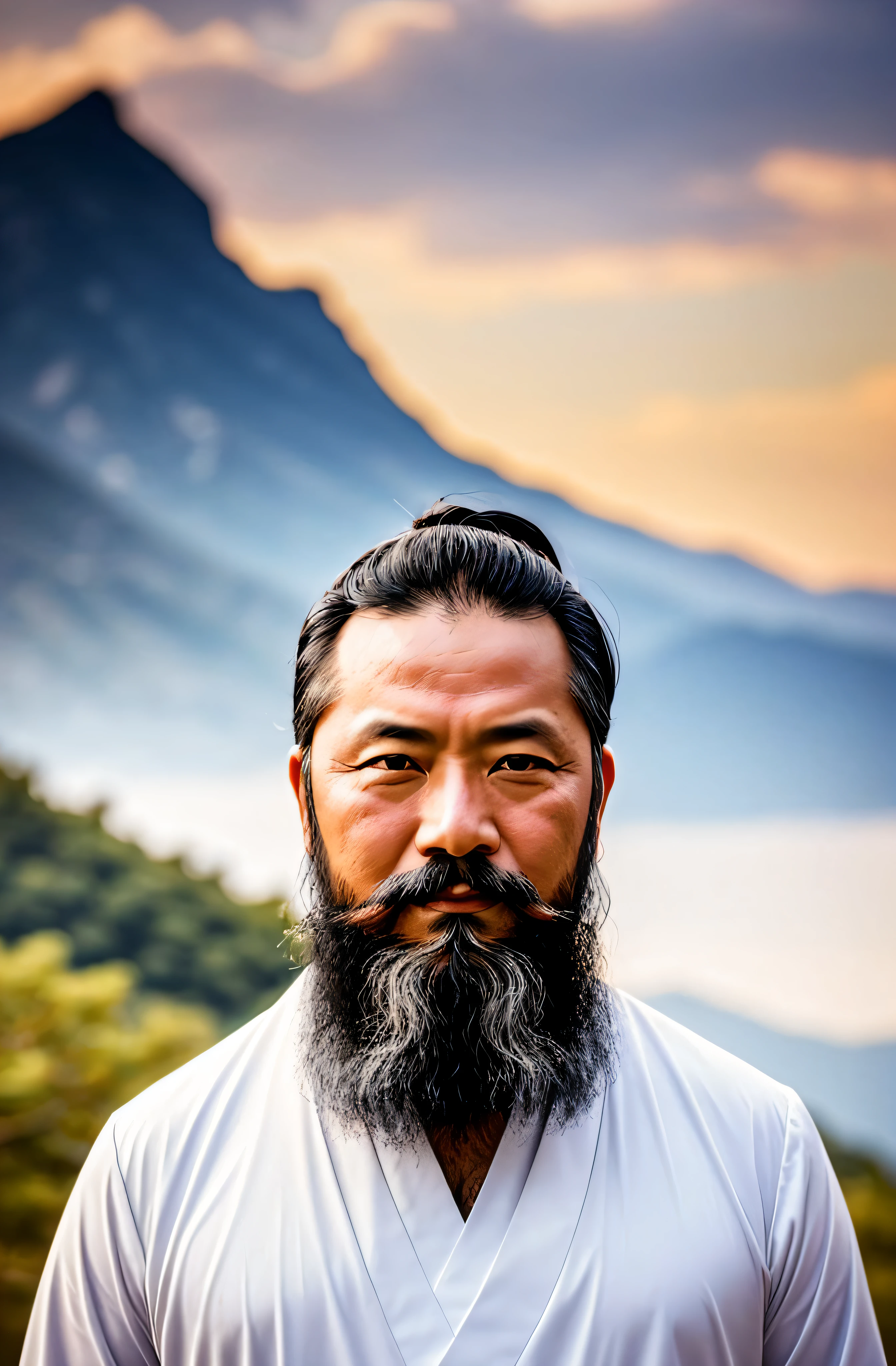 A middle-aged Taoist in white dress with beard, black hair, open eyes, and a smirk on his face, center frame, symmetrical, cinematic lighting, mountain background, bokeh