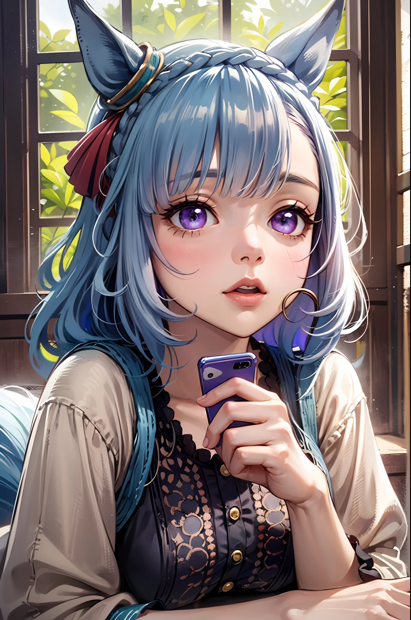 best quality,masterpiece, high res, beautiful detailed eyes,ultra-detailed, mejiro ardan \(umamusume\), ear ornament,horse ears, horse tail, sleepy, house clothes, night, bedroom, lying in bed, playing with mobile phone, turning off lights, windows