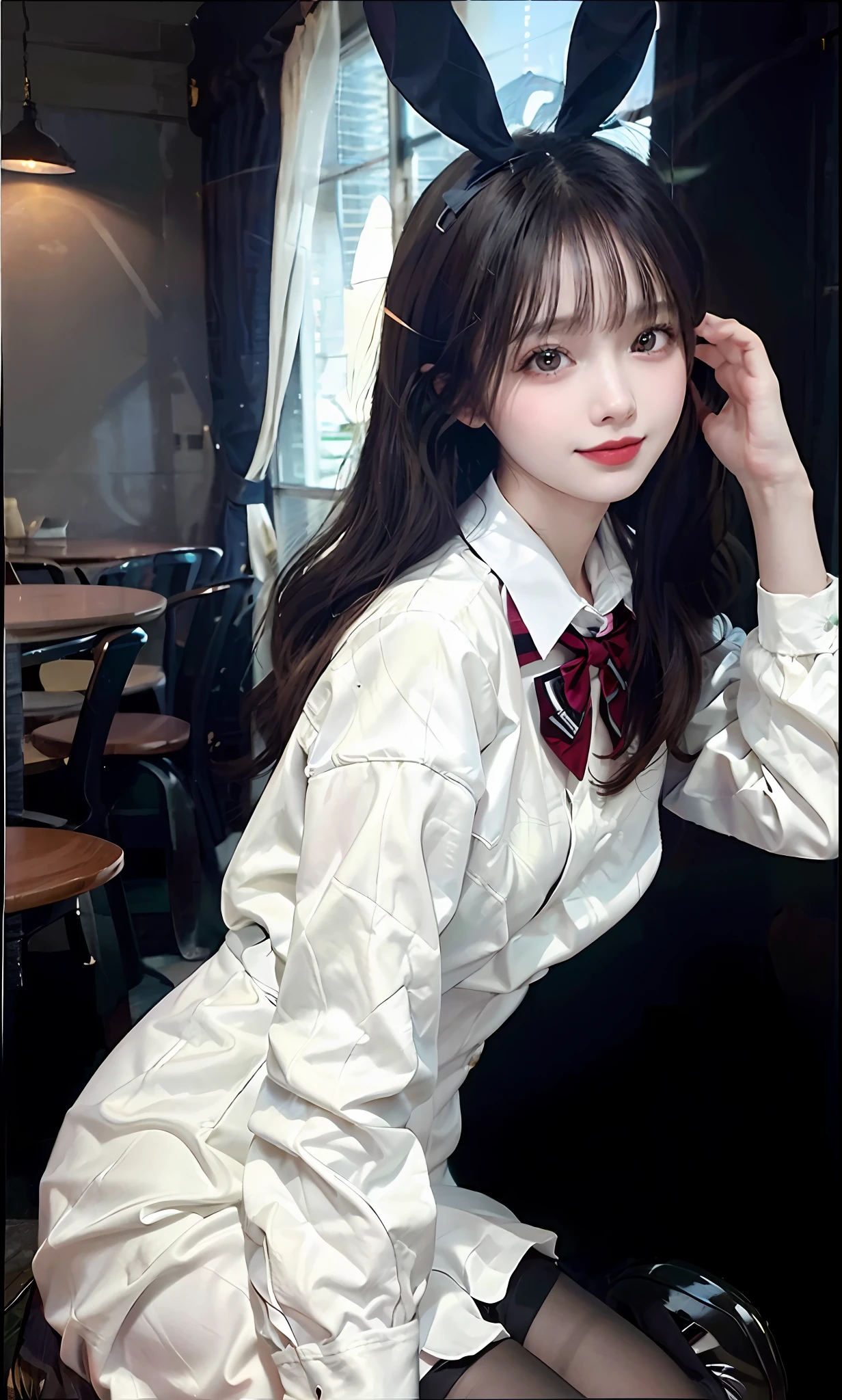 (RAW photos: 1.2), top quality, beautiful detailed girl, bunny girl, smile, very detailed eyes and face, beautiful detailed eyes, huge file size, high resolution, high resolution, 8k wallpaper, fine detail, highly detailed ticker uniform 8k wallpaper, light on face, movie lighting, 16 year old girl, sexy pose, (photorealism: 1.4), illustration, Surrealism, from below, super detail, masterpiece, Playboy bunny, fishnet pantyhose,