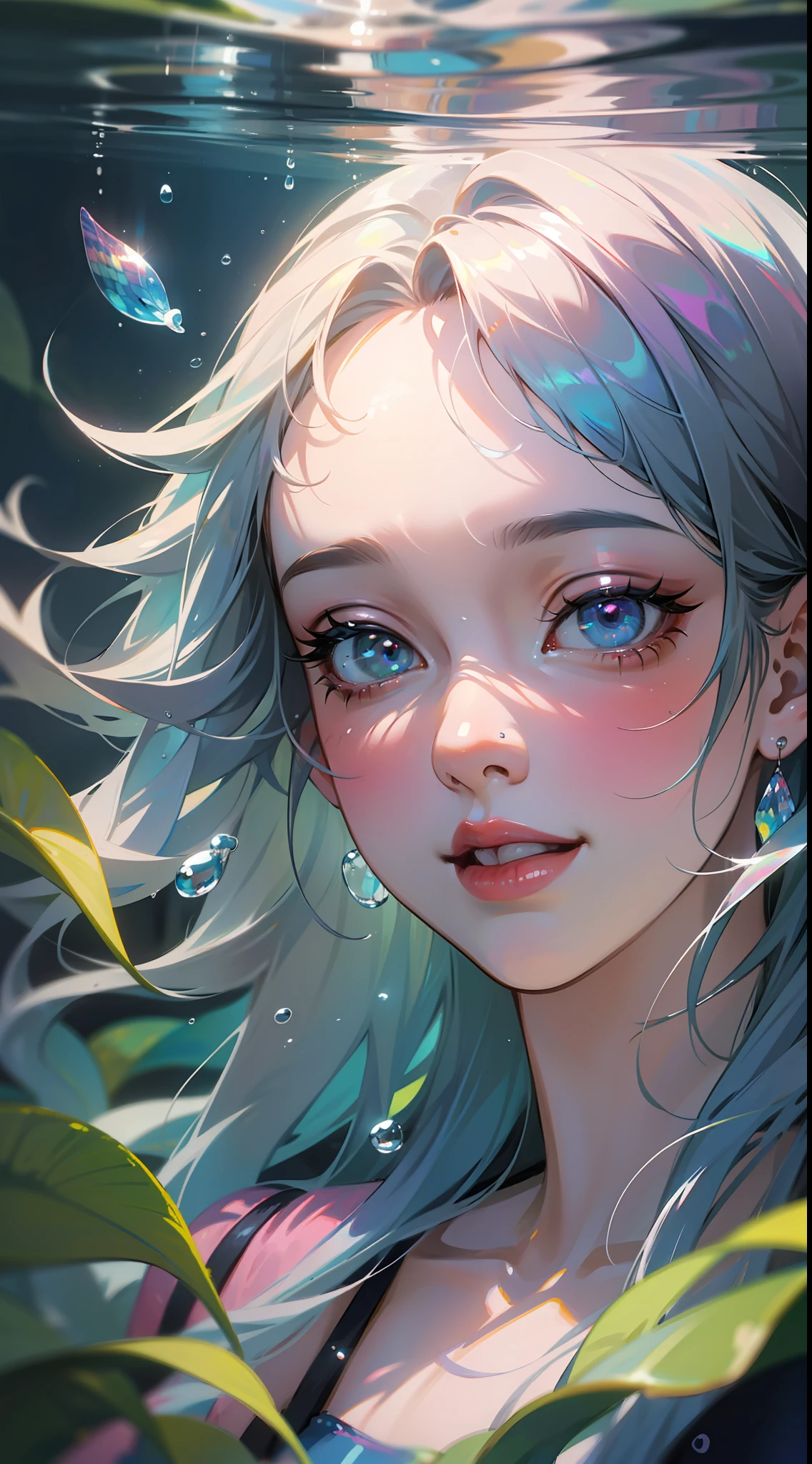 Girl swimming underwater, laughing, colorful colors, surrounded by colorful sea creatures and plants, Kavasi style, masterpiece, realistic ultra-detailed rendering style, hyperrealistic oil painting, head close-up, exaggerated perspective, Tyndall effect, realistic, water drops, mother-of-pearl, iridescent colors, holographic white
