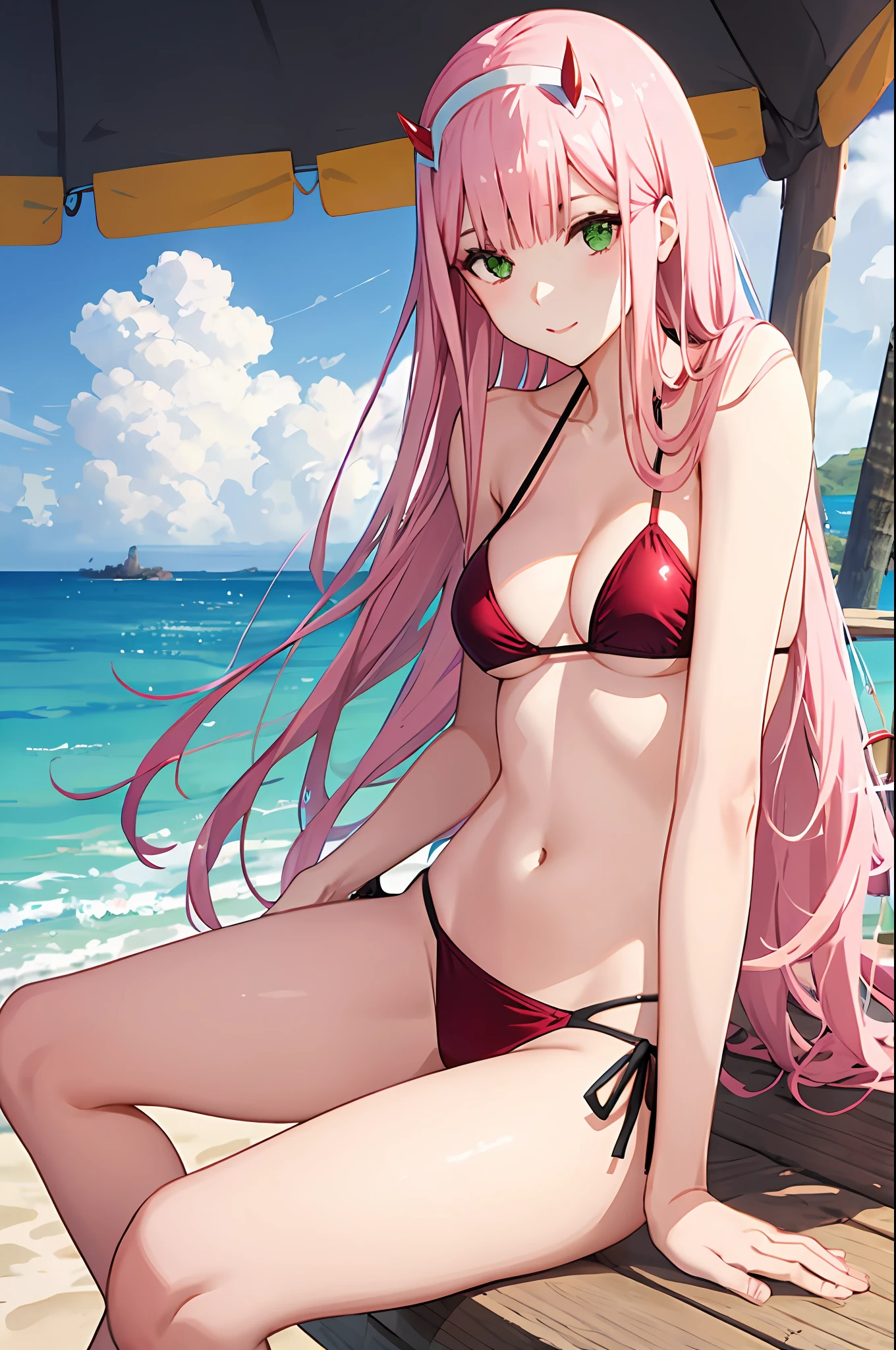 zero two, side tie bikini, medium breast, slim legs, sunny day, Beach, leaning, beautiful eyes, green eyes, nervous