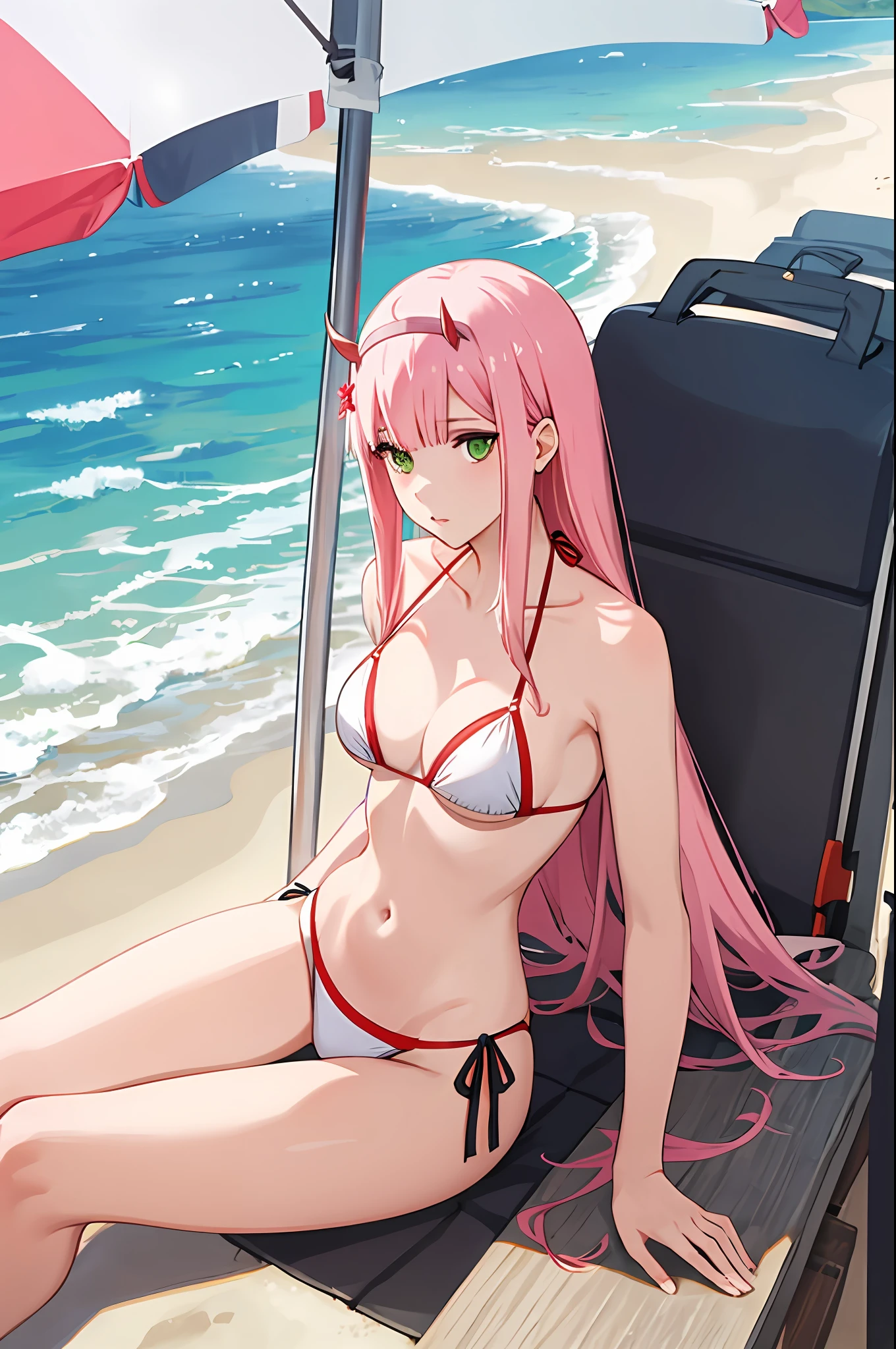 zero two, side tie bikini, medium breast, slim legs, sunny day, Beach, leaning, beautiful eyes, green eyes, nervous