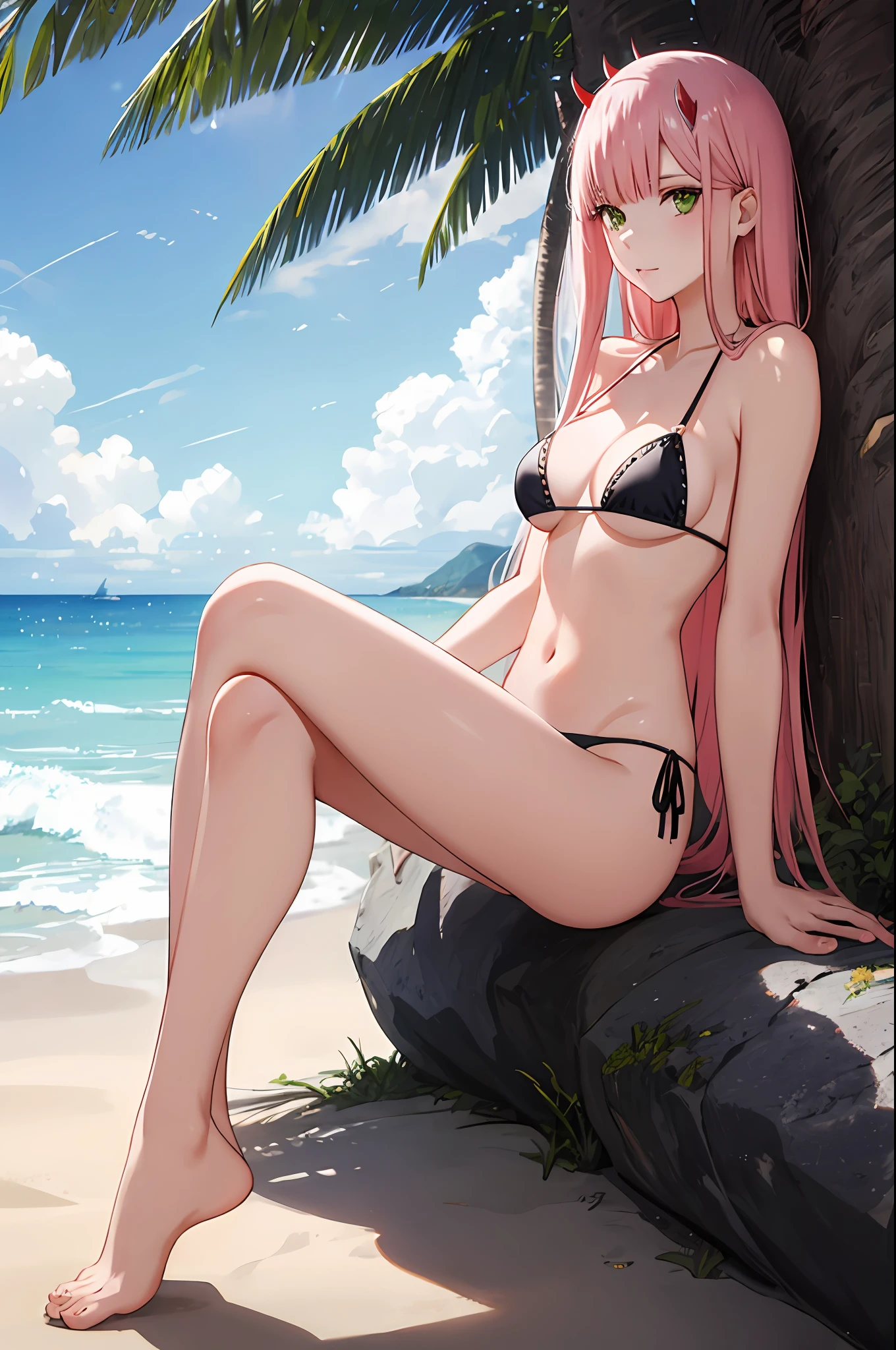 zero two, side tie bikini, medium breast, slim legs, sunny day, Beach, leaning, beautiful eyes, green eyes, nervous