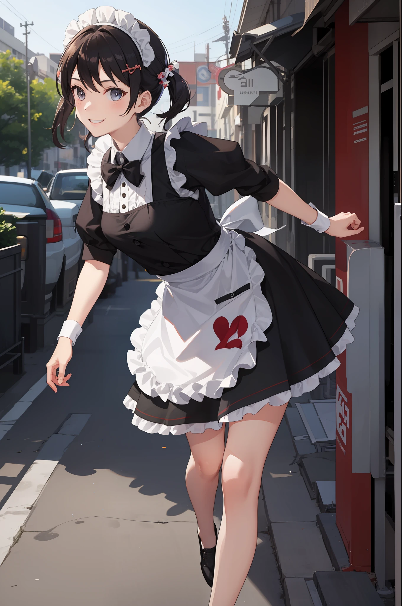 1 girl, smiling, skirt, (small) chillerism, dress, apron,,,,,,、 maid,,,,,,,,、 hair ornament, running briskly,