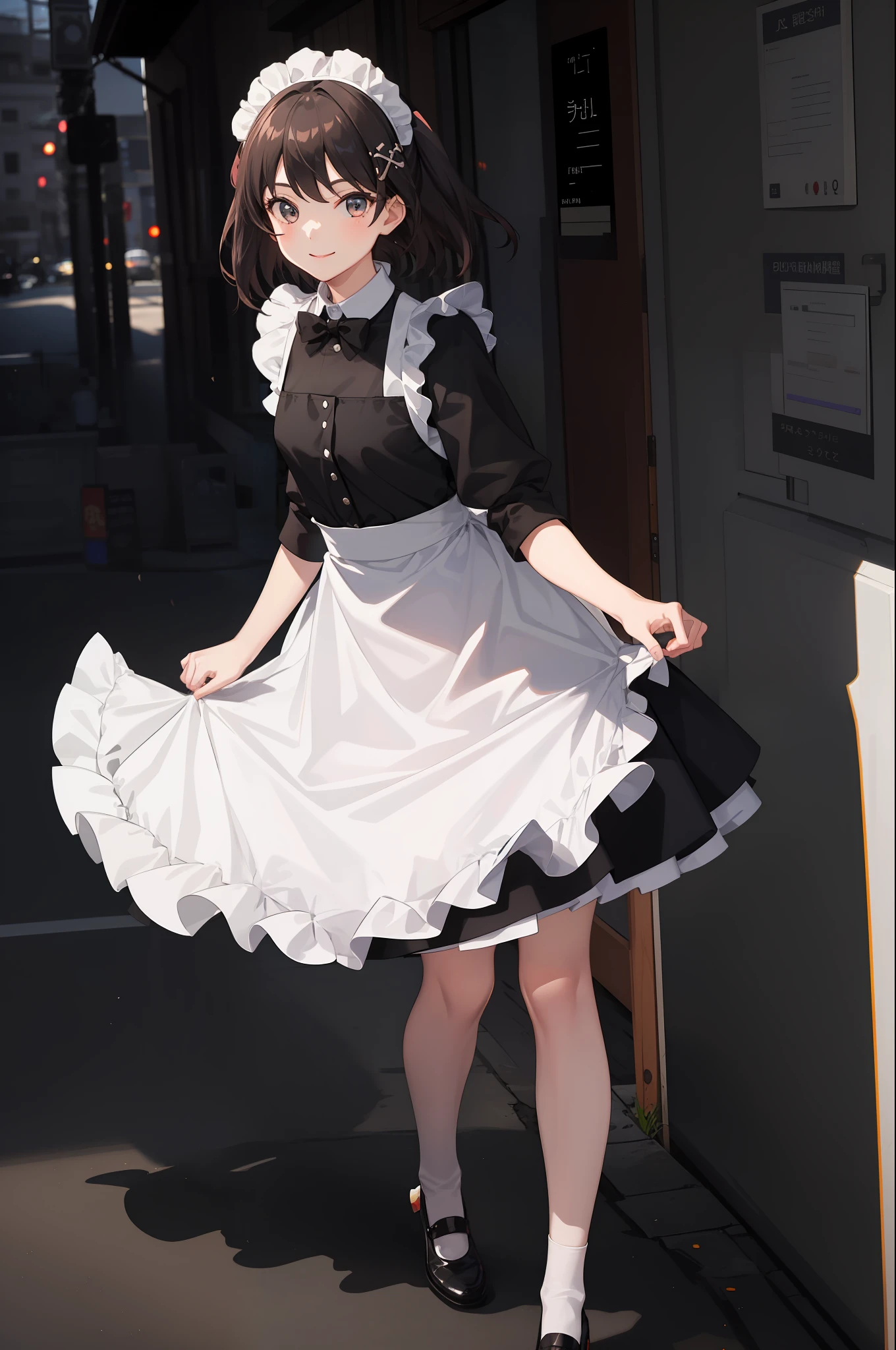 1 girl, smiling, skirt, (small) chillerism, dress, apron,,,,,,、 maid,,,,,,,,、 hair ornament, running briskly,