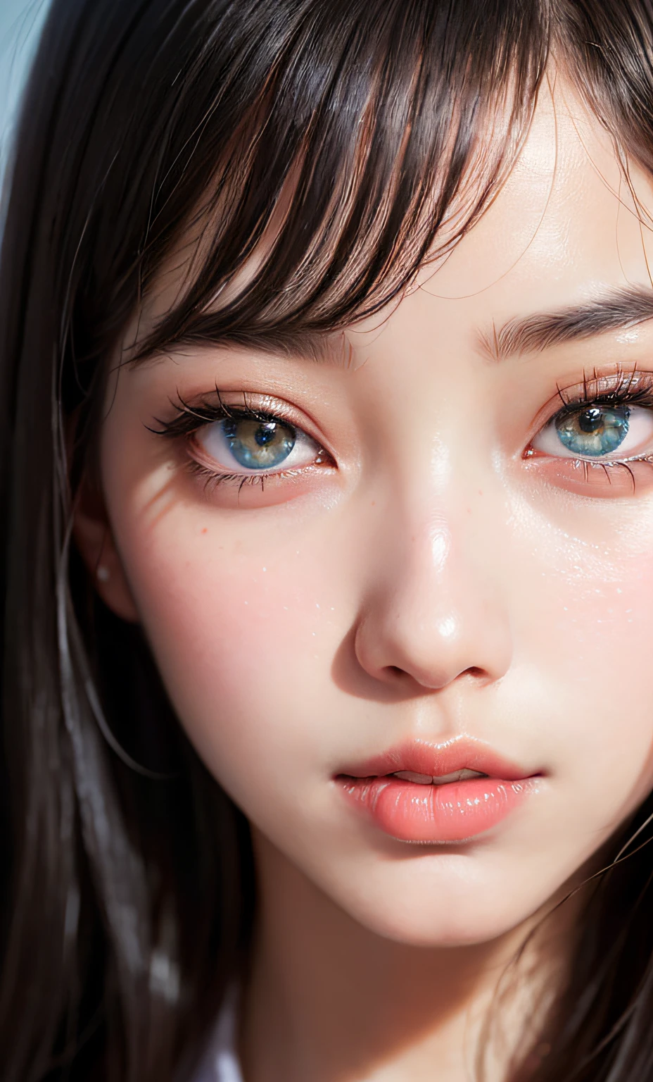 A close up of a woman with long hair and blue eyes - SeaArt AI