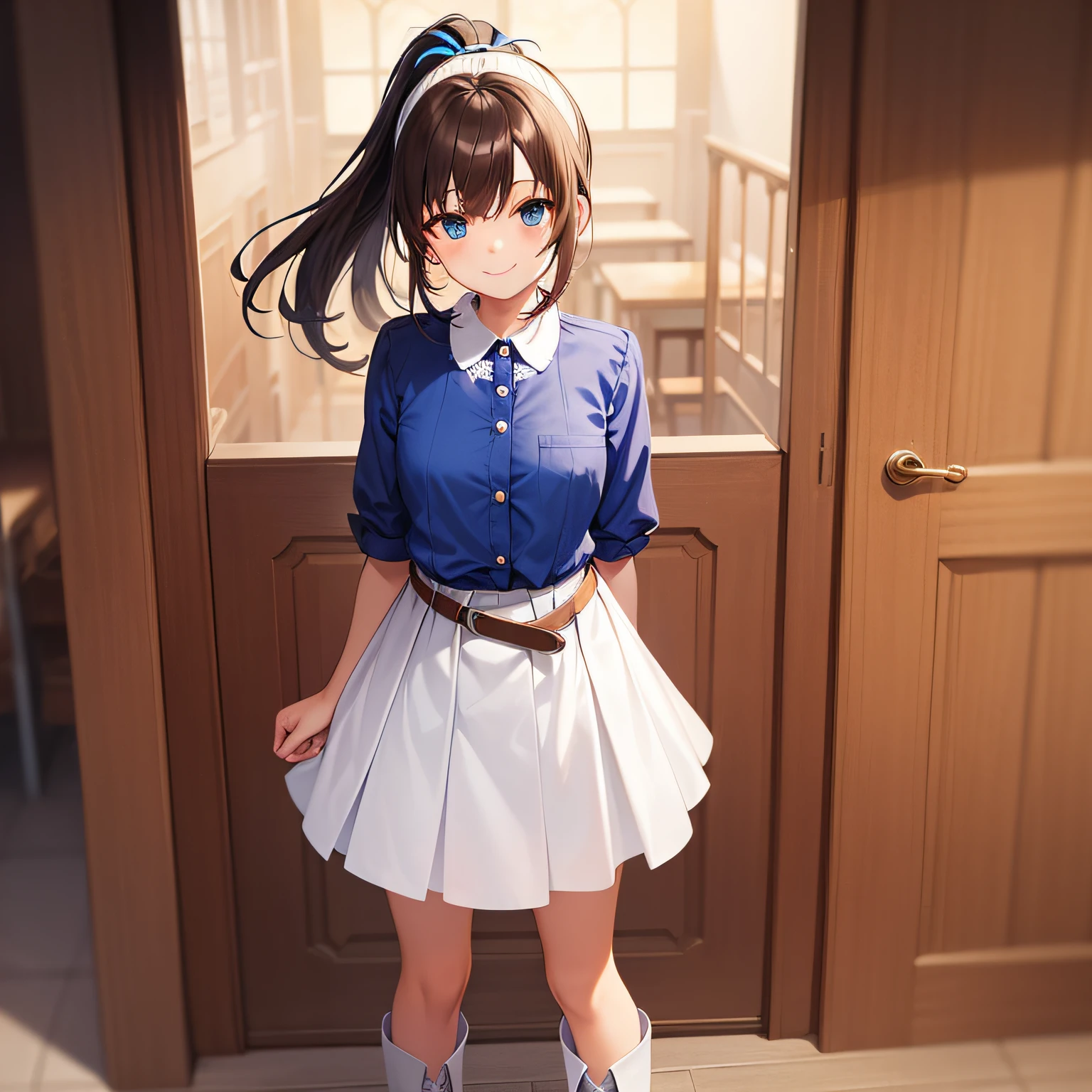 top quality, very delicate and beautiful, girl, 11 years old, (dark brown hair), blue clothes with vertical buttons, belt at the waist, white skirt, (ponytail)), (white hair band), (brown boots), blue eyes, standing, smile,