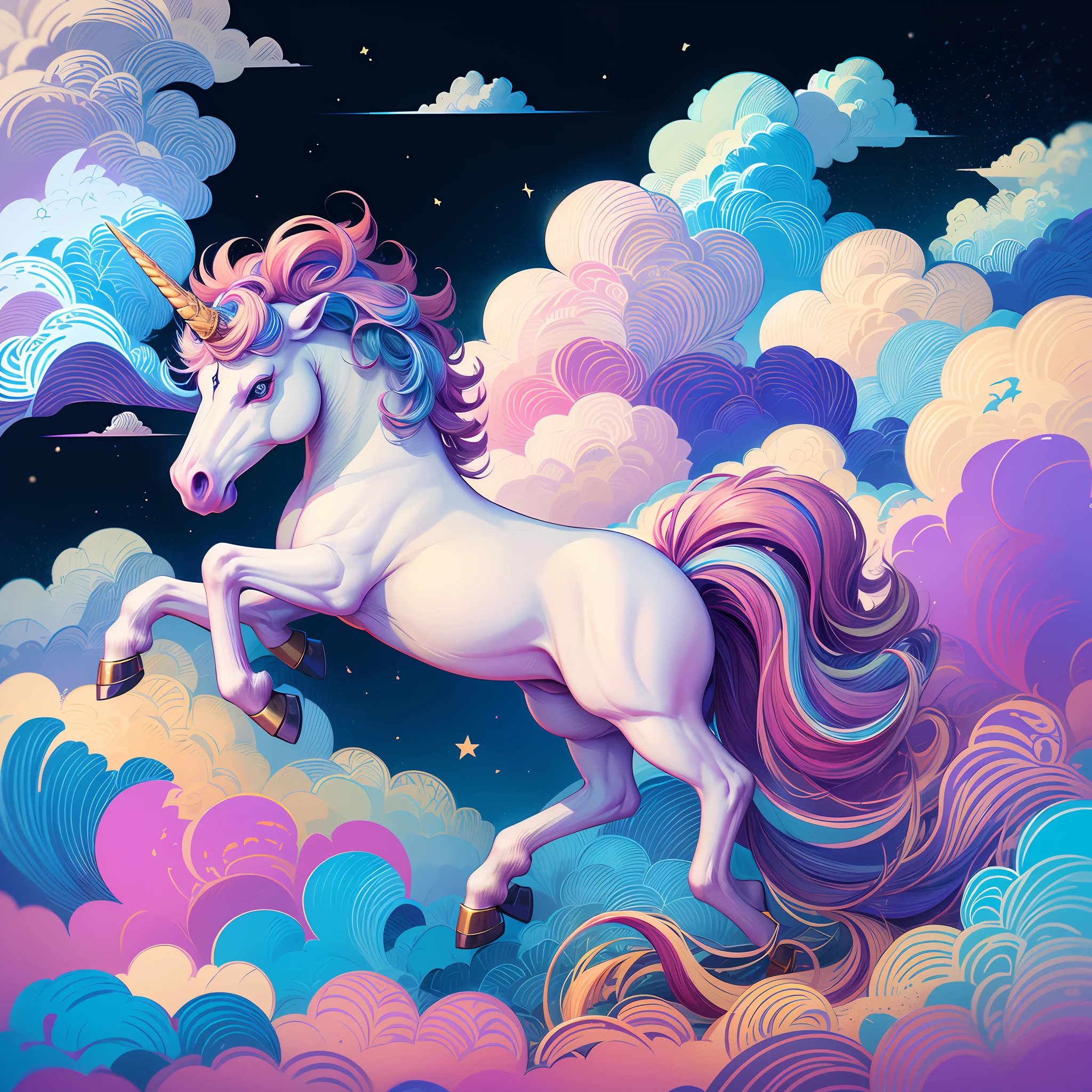 Masterpiece, best quality, {best quality}, {{masterpiece}}, {highres}, {{unicorn}}, {{unicorn in the clouds}}, colors, colorful, blue sky --auto --s2