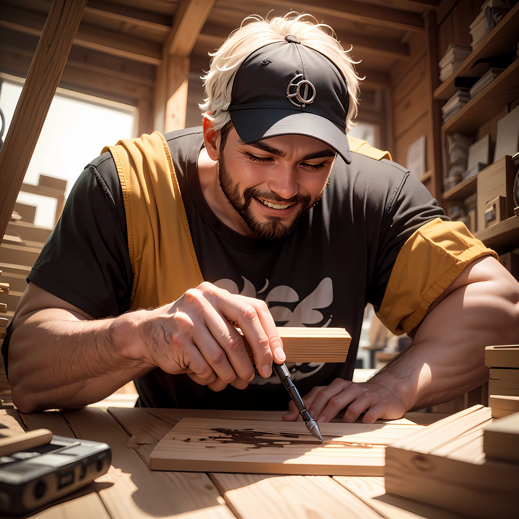 Create PNG photo of Person, he is working hard on wood but he is very happy. --auto